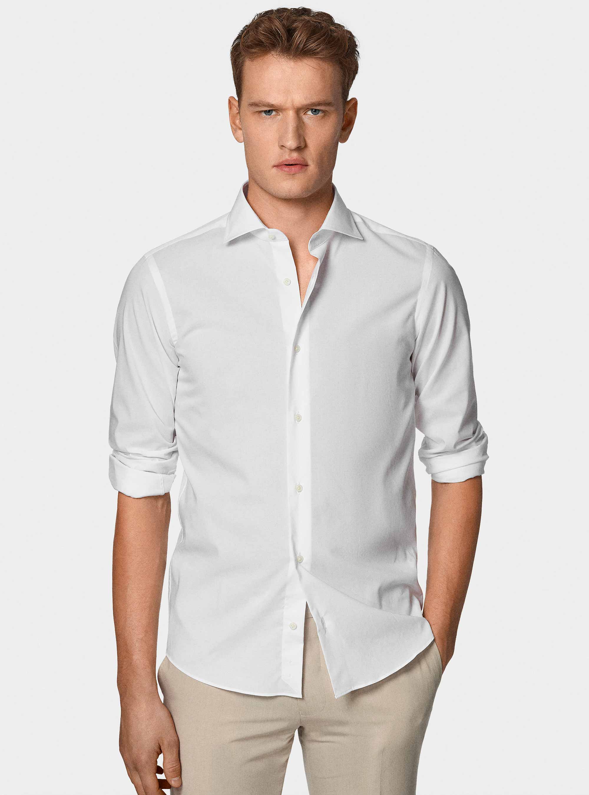 Chemise en popeline stretch, BLANC