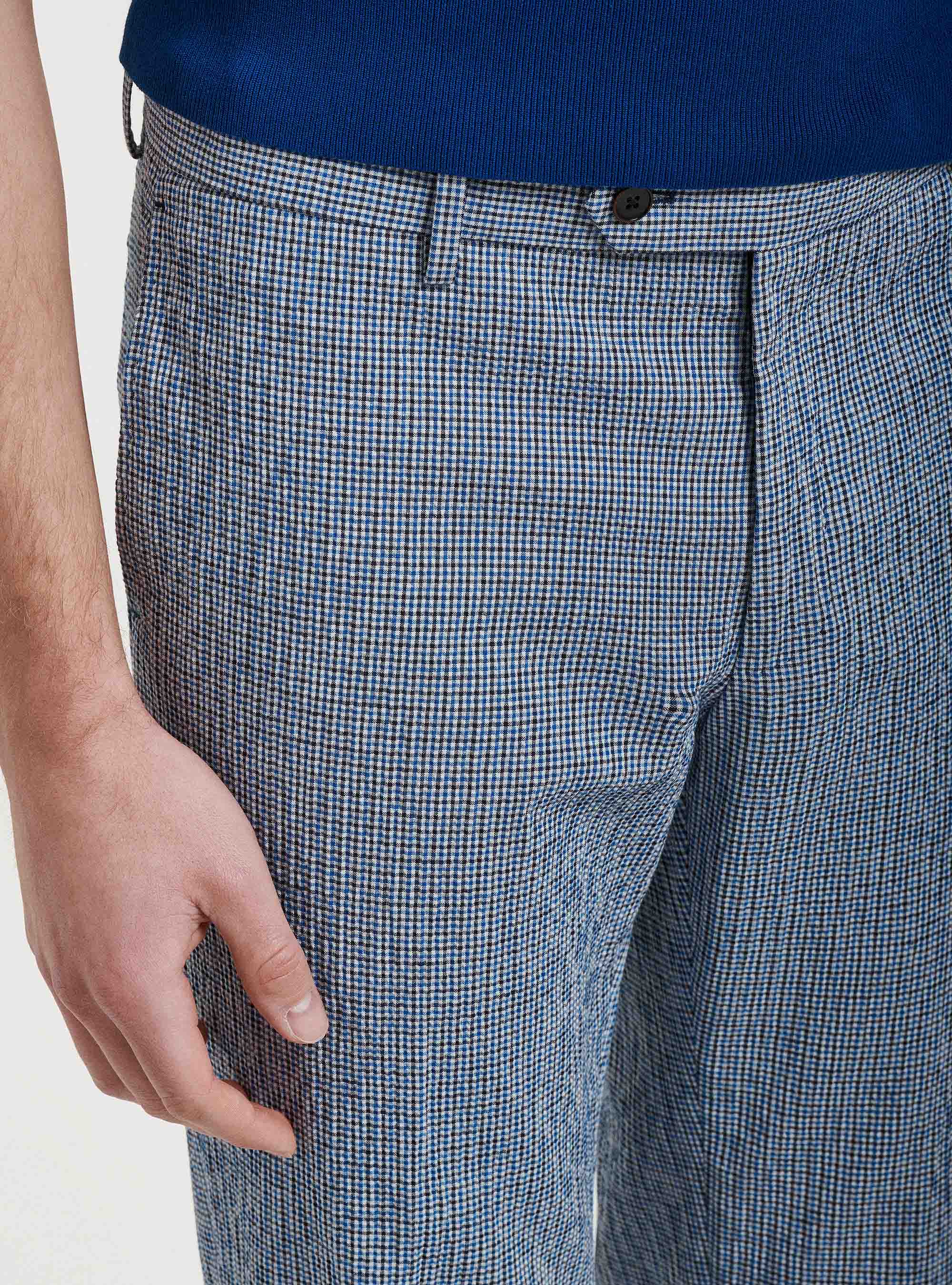 Pantaloni micro quadro seersucker in lino e cotone, BLU