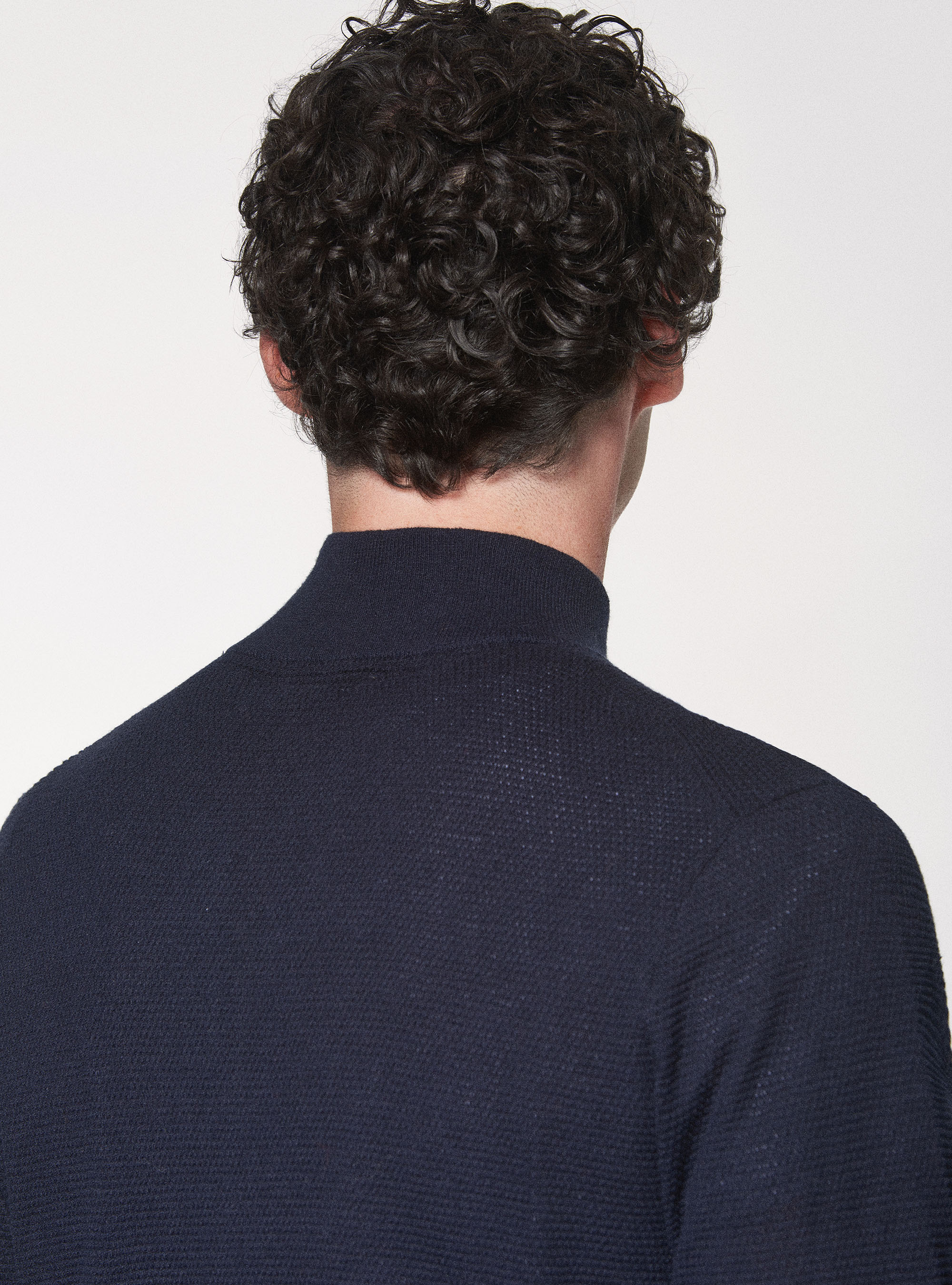 Maglia mezza zip in cotone cashmere punto riso, BLU NAVY