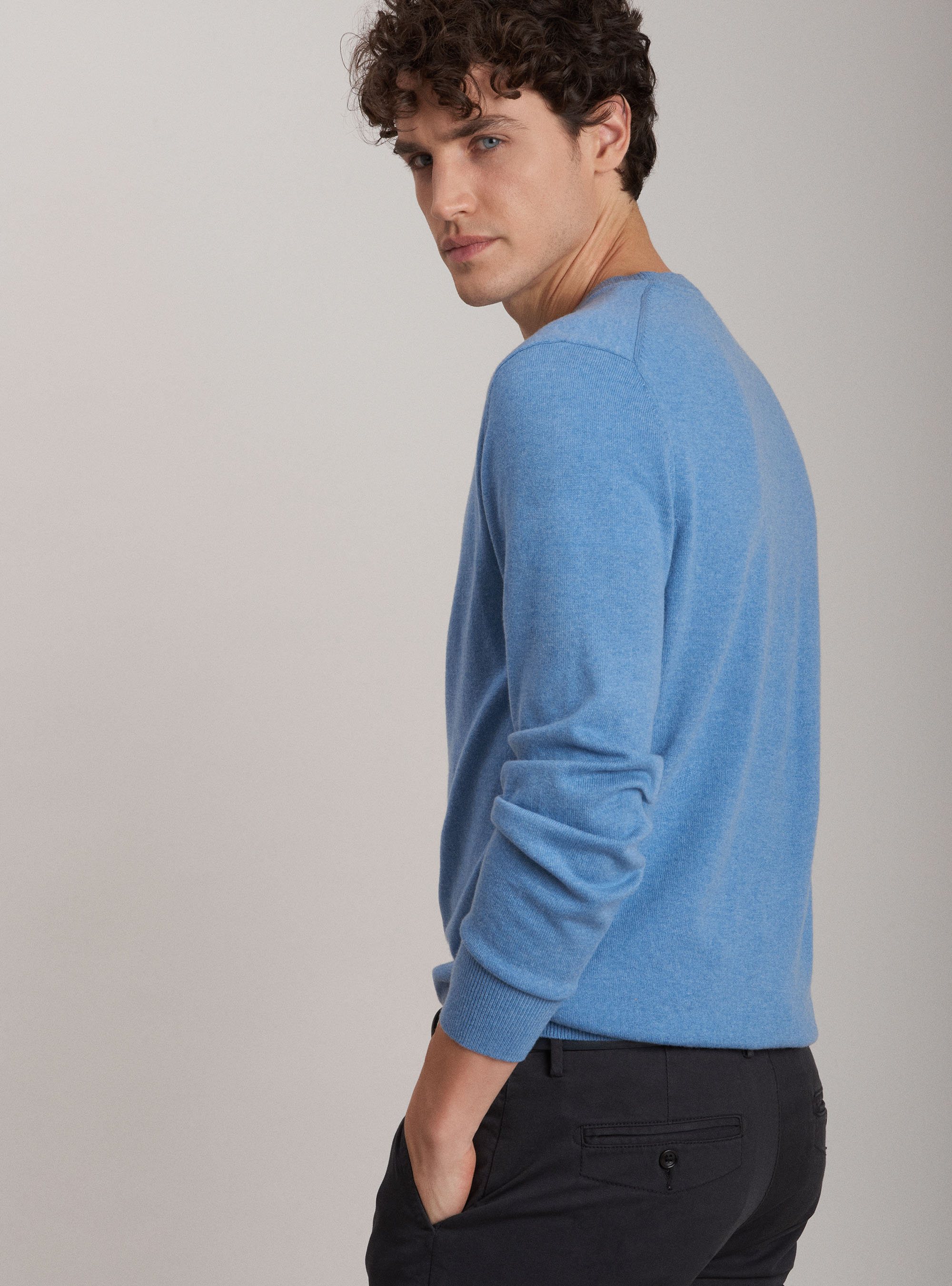 Lambswool wool and cashmere crew neck sweater, LIGHT BLUE