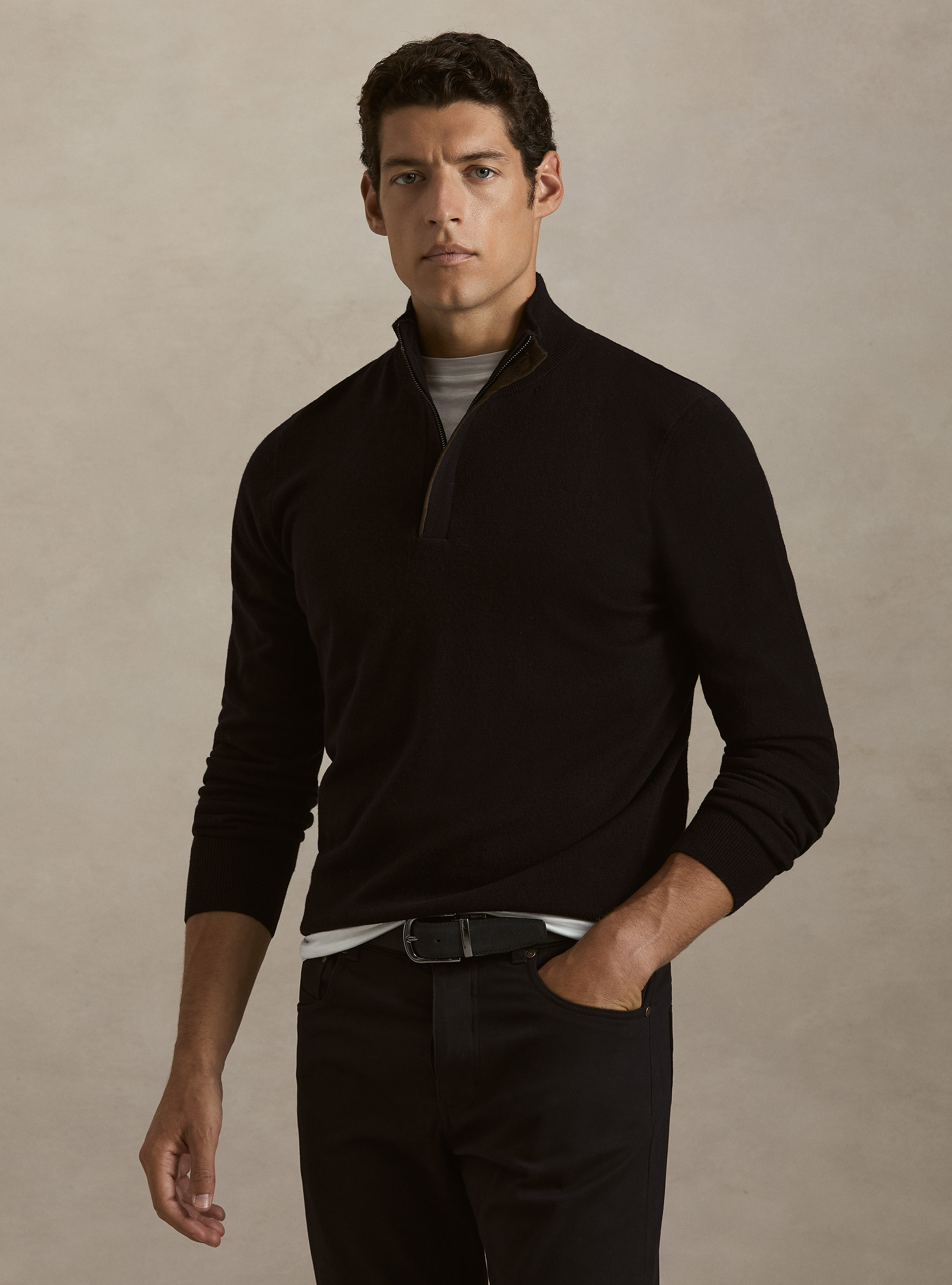 Pull demi-zip en m&eacute;lange de laine avec coudi&egrave;res, BLEU MARINE