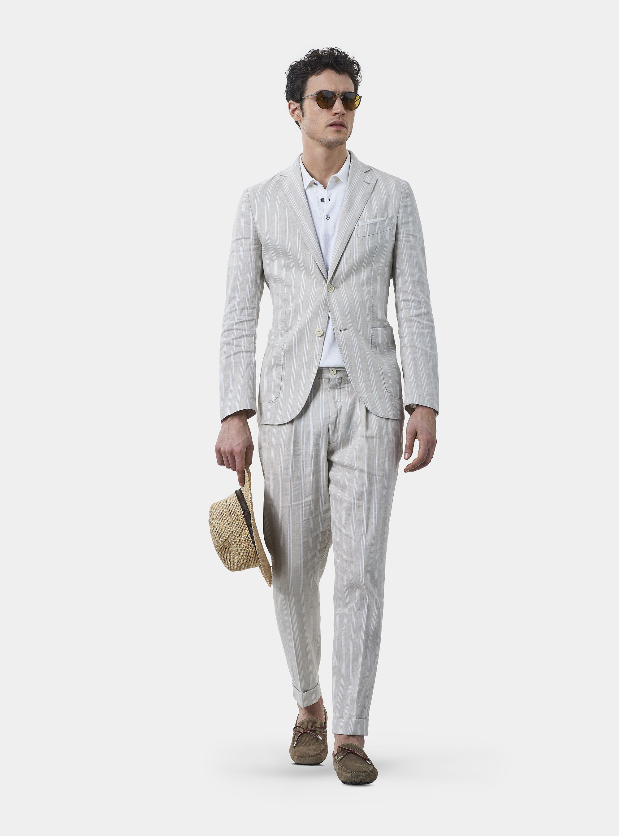 Giacca per abito in cotone e lino a righe, ECRU