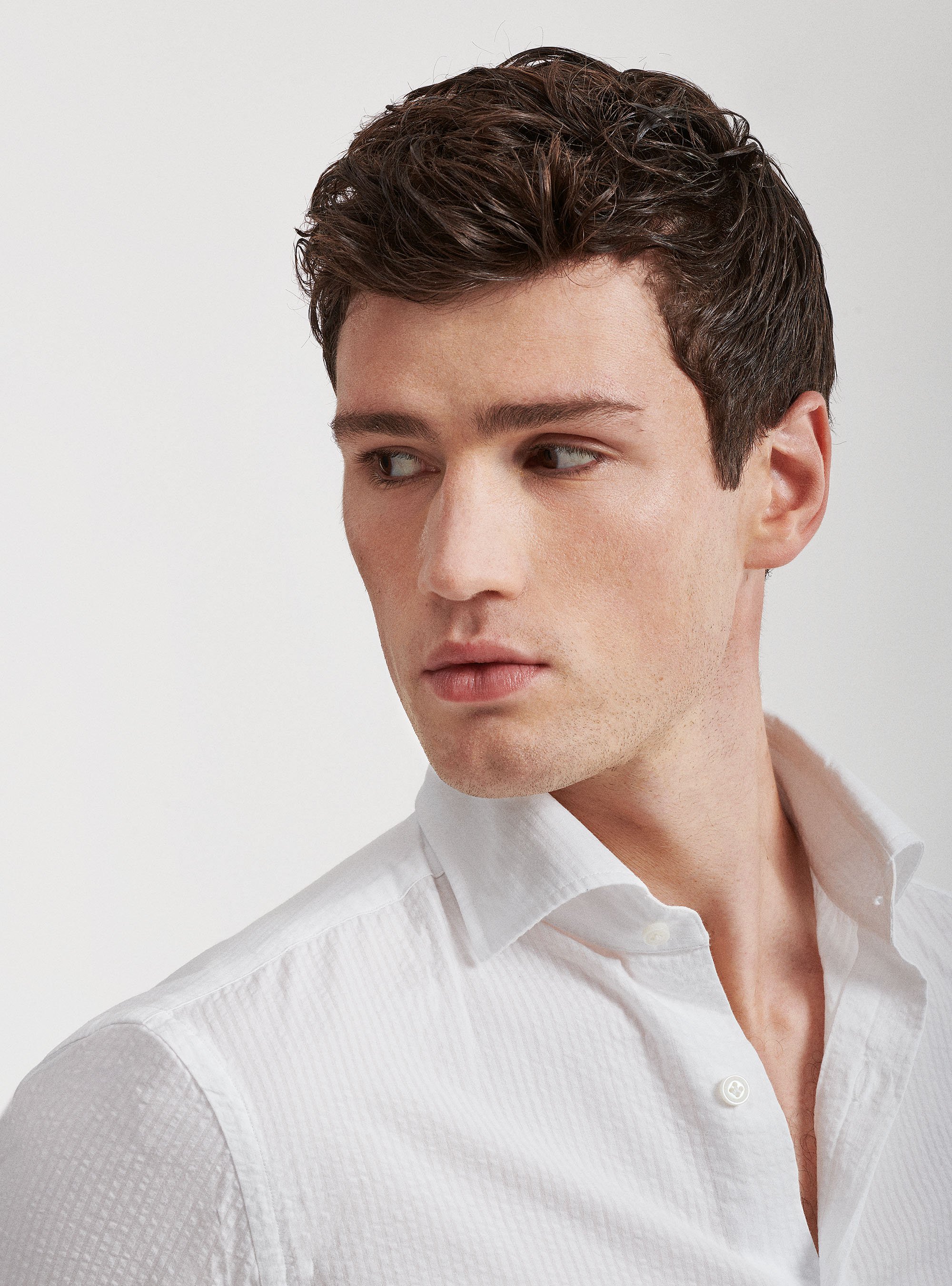 Semi-French collar shirt in seersucker cotton, WHITE