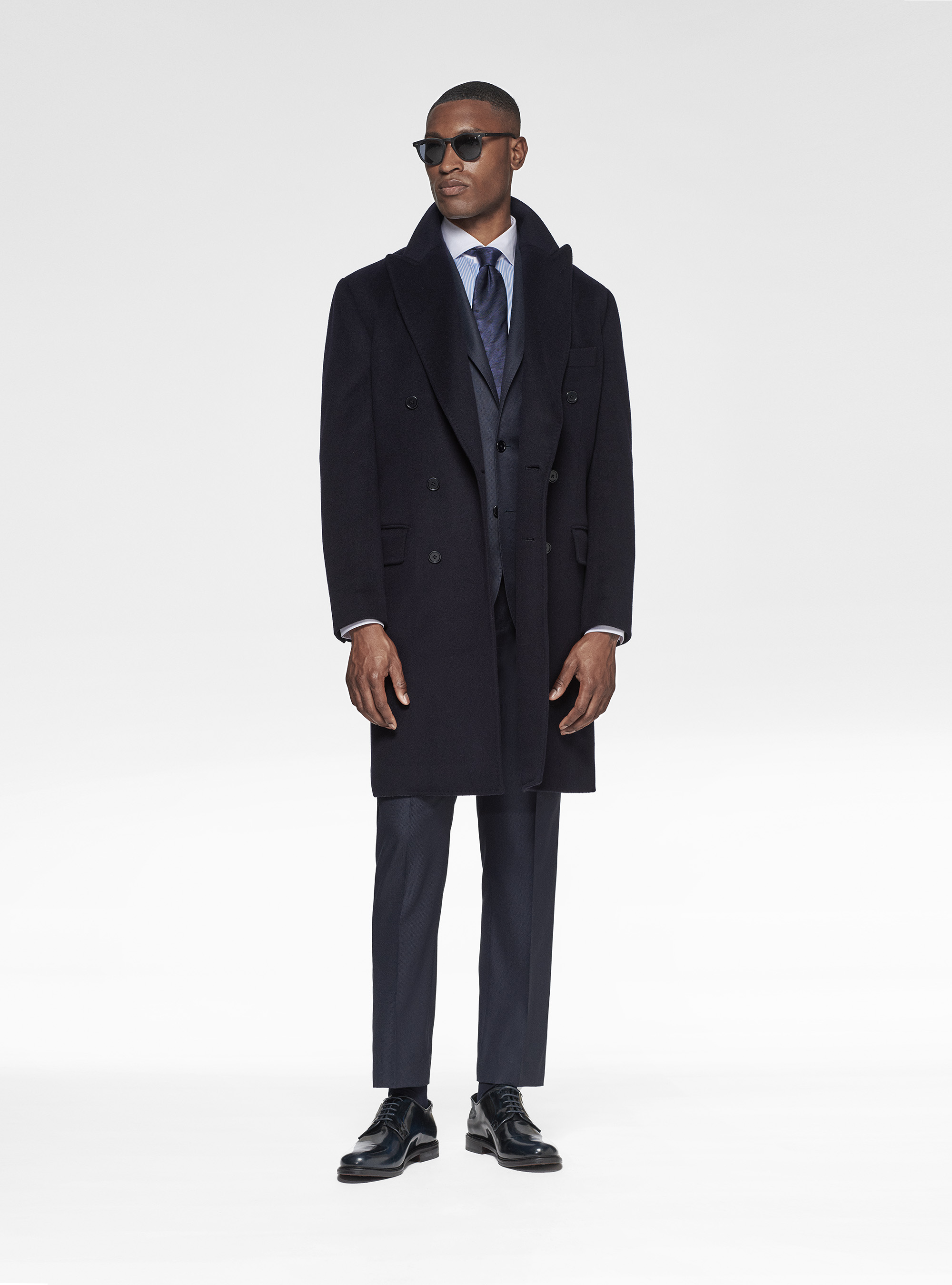Wool and cashmere double-breasted coat, NAVY BLUE