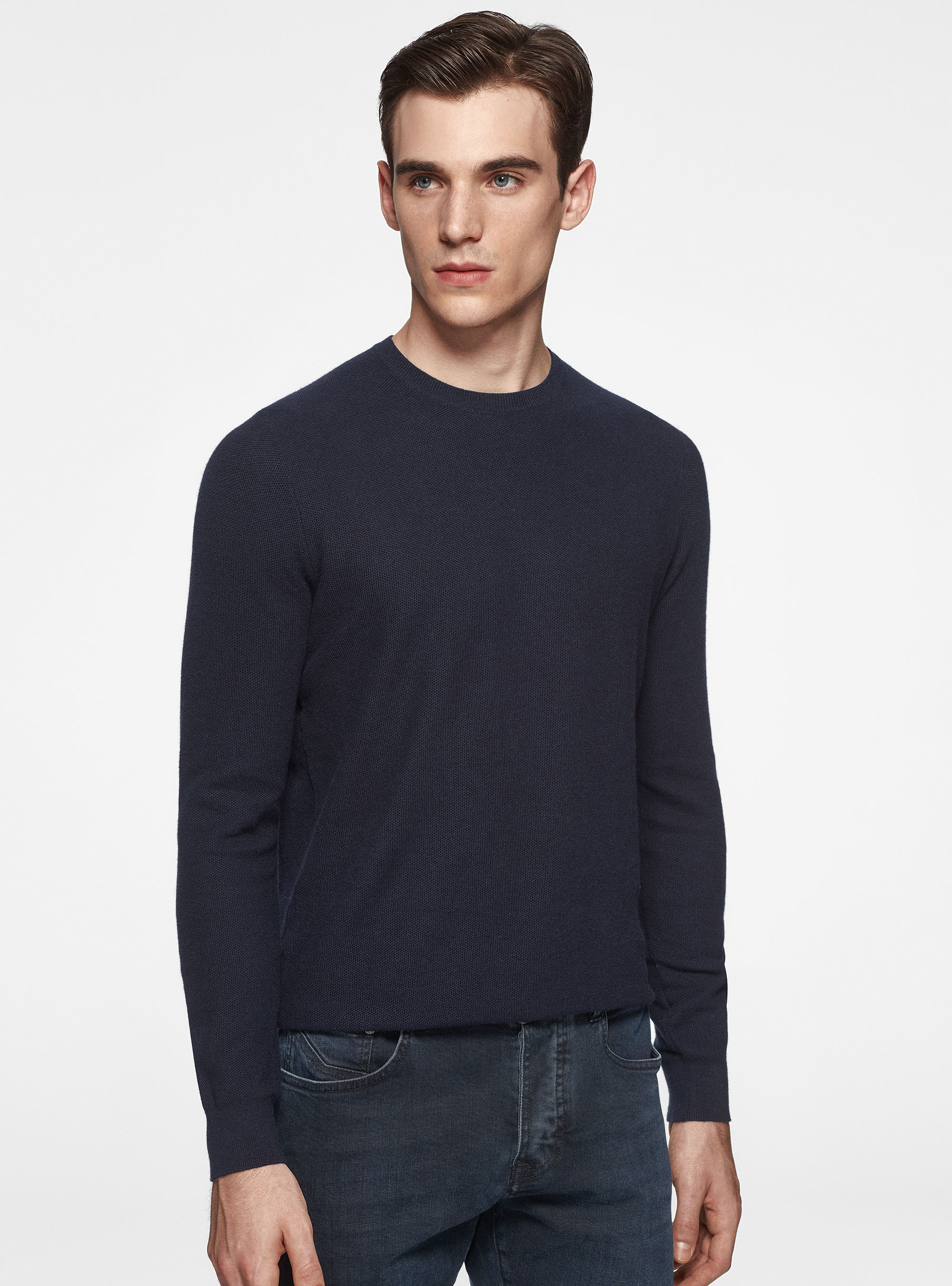 Maglia girocollo nido d'ape in cotone cashmere, BLU NAVY