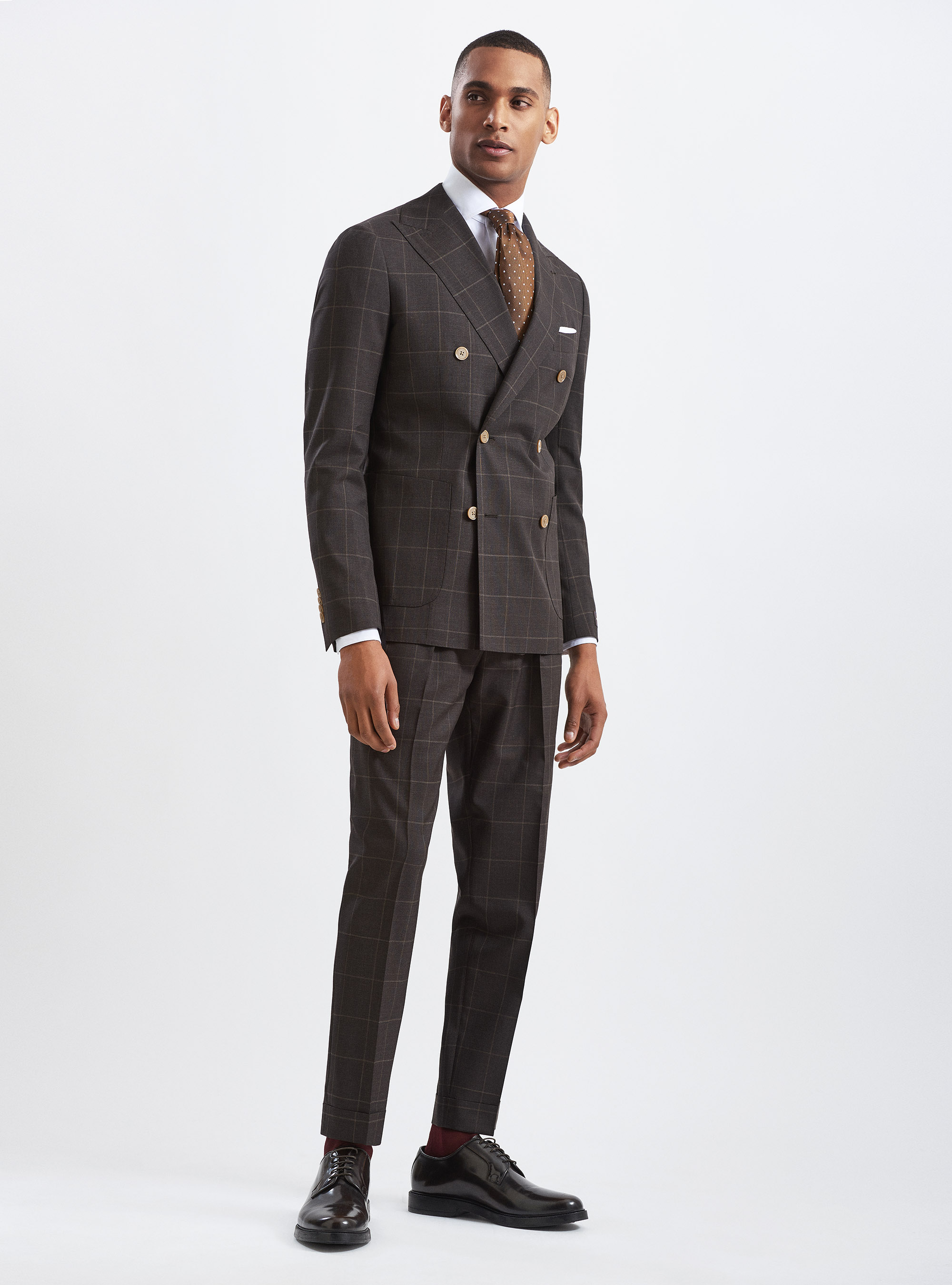 Pantaloni a quadri doppia pince in pura lana tessuto Vitale Barberis Canonico, MARRONE