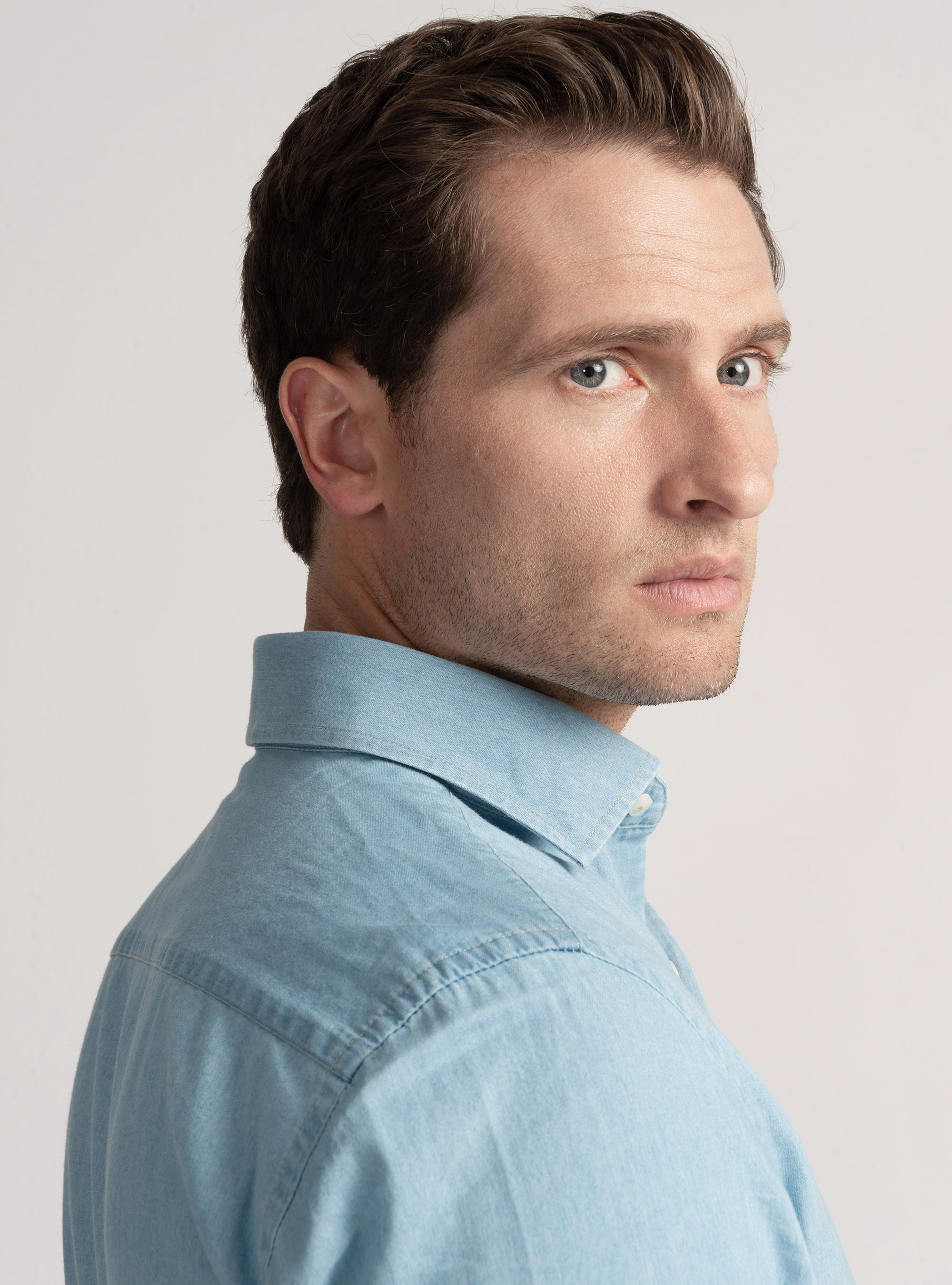 Camisa de chambray de algodón, CELESTE