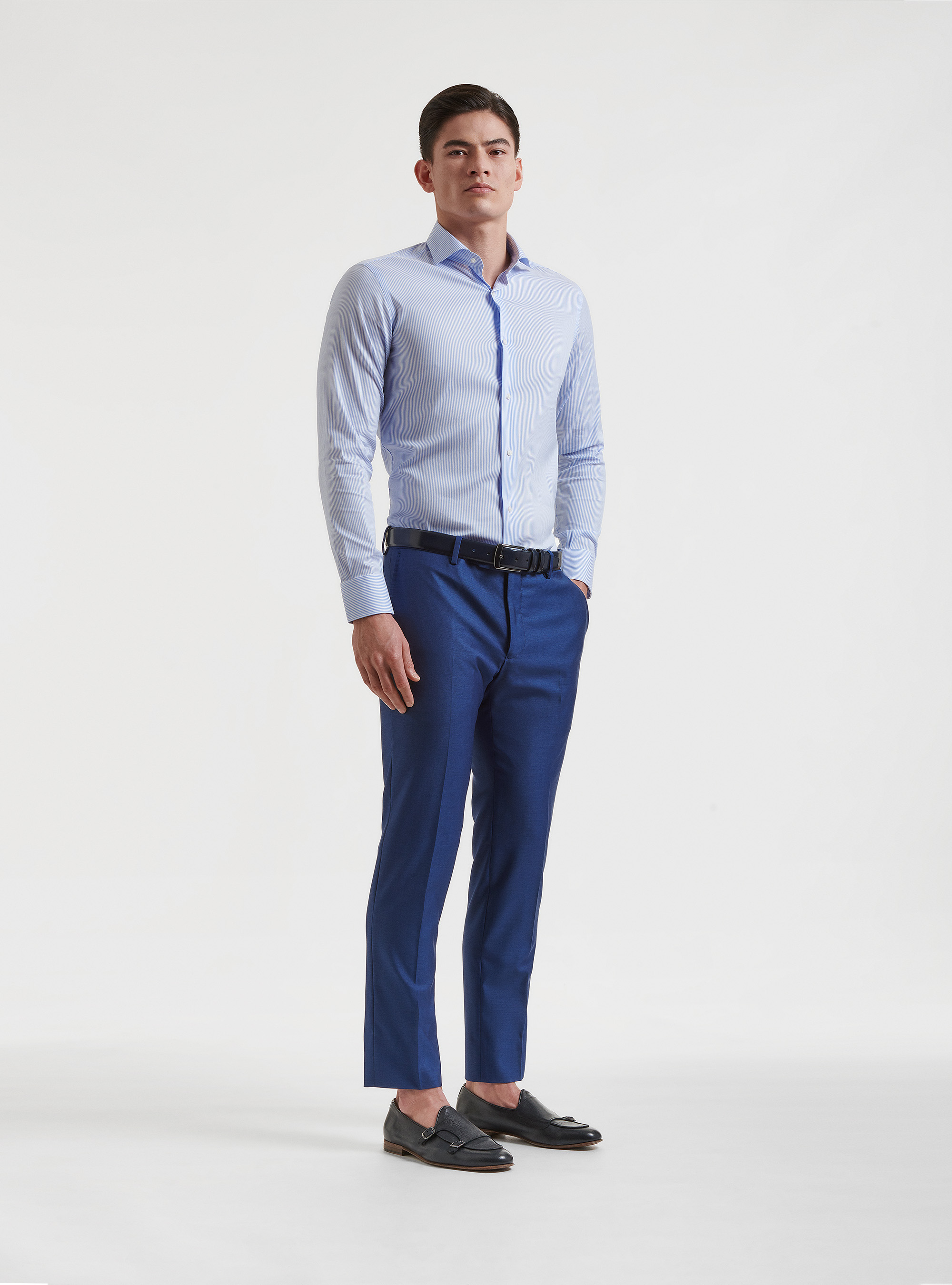 Camicia collo semifrancese  in popeline stretch rigato, AZZURRO