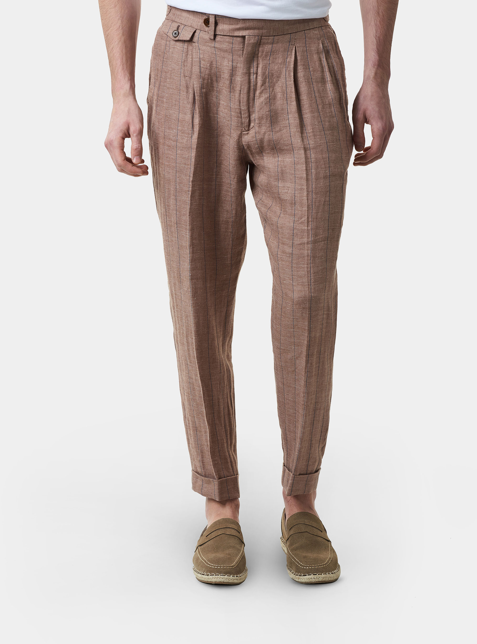 Pinstripe linen suit trousers, BRICK