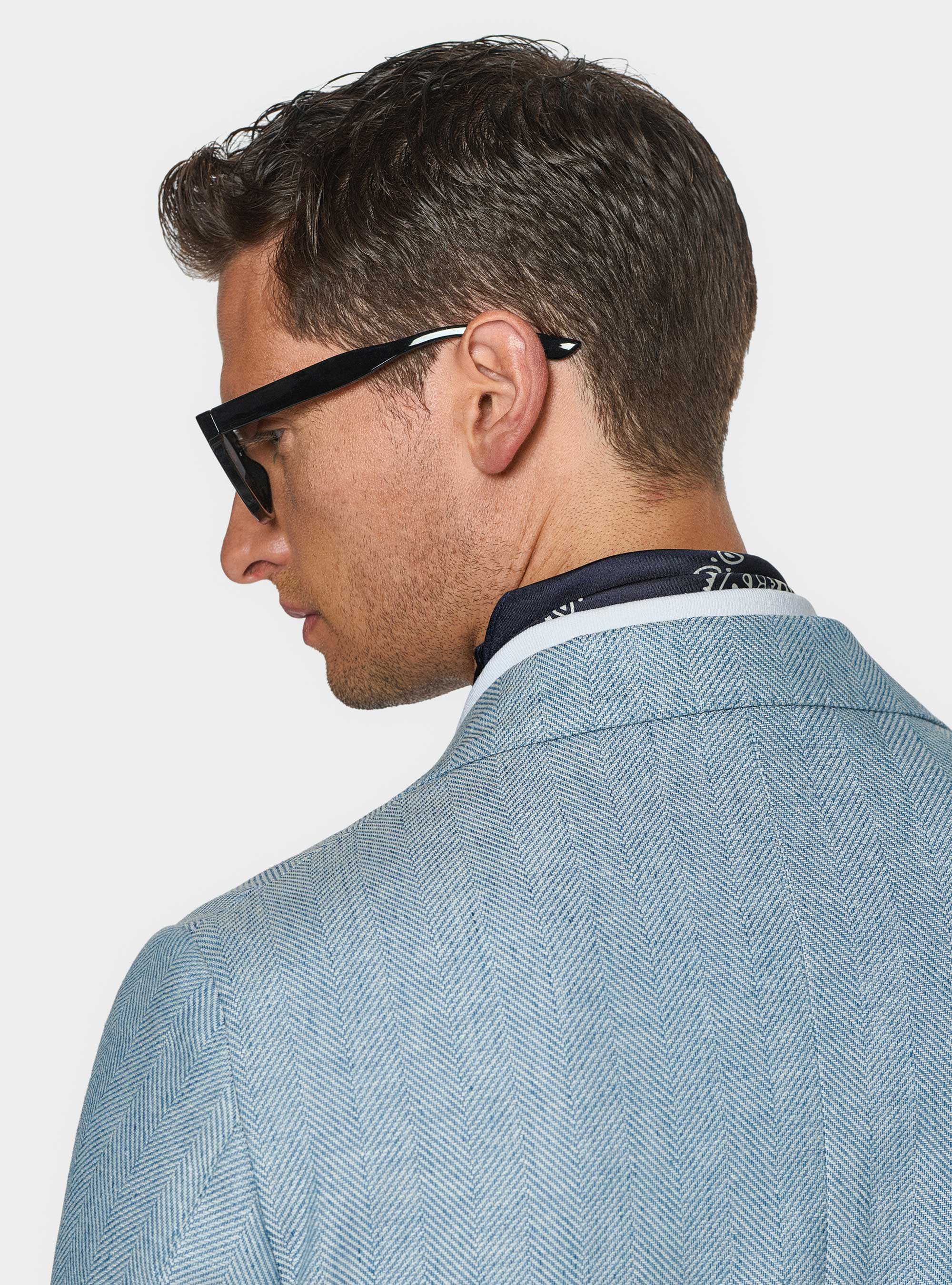 Giacca spigata in lino e cotone, AZZURRO