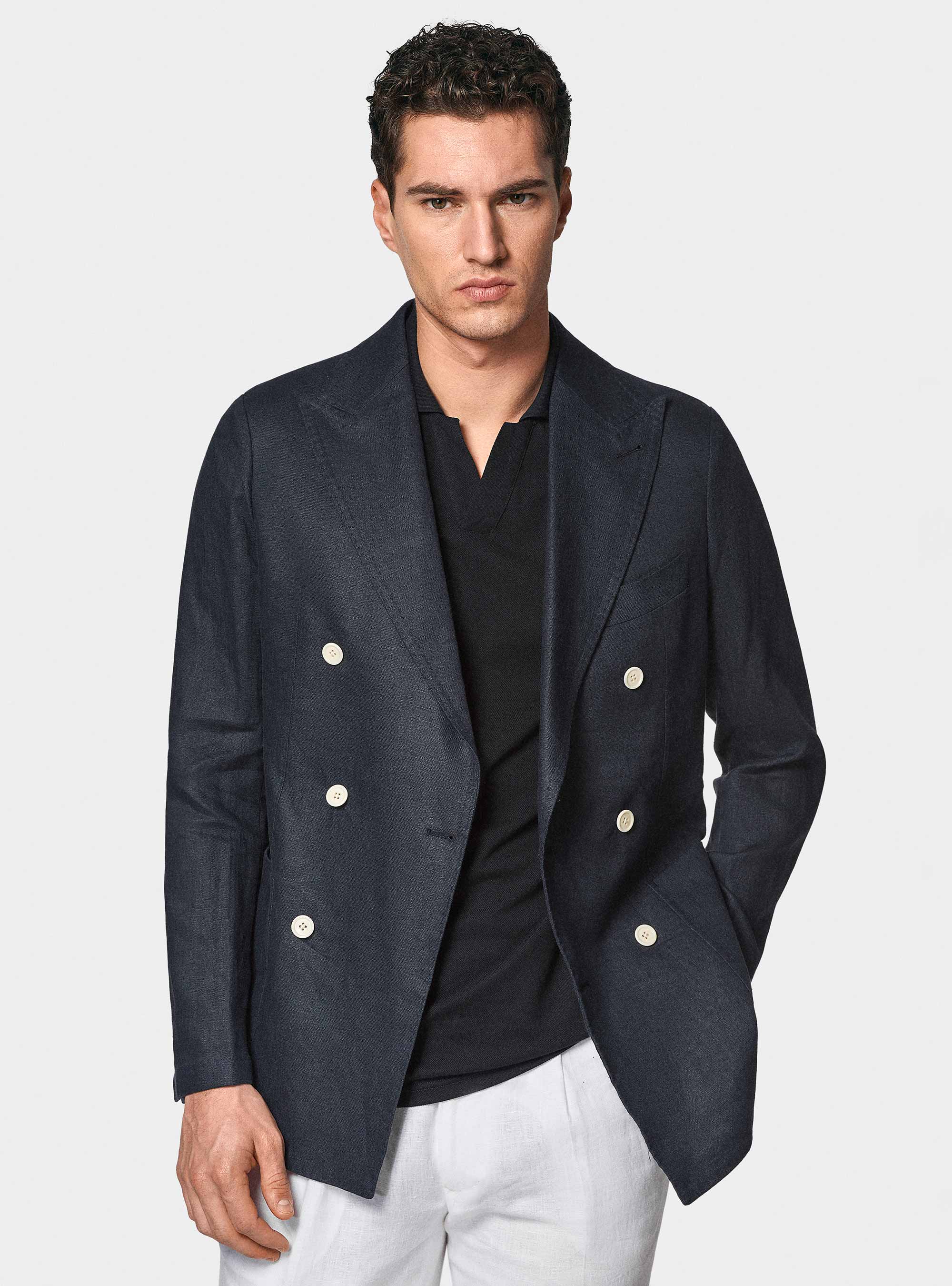 Giacca doppiopetto blue navy in puro lino, BLU NAVY