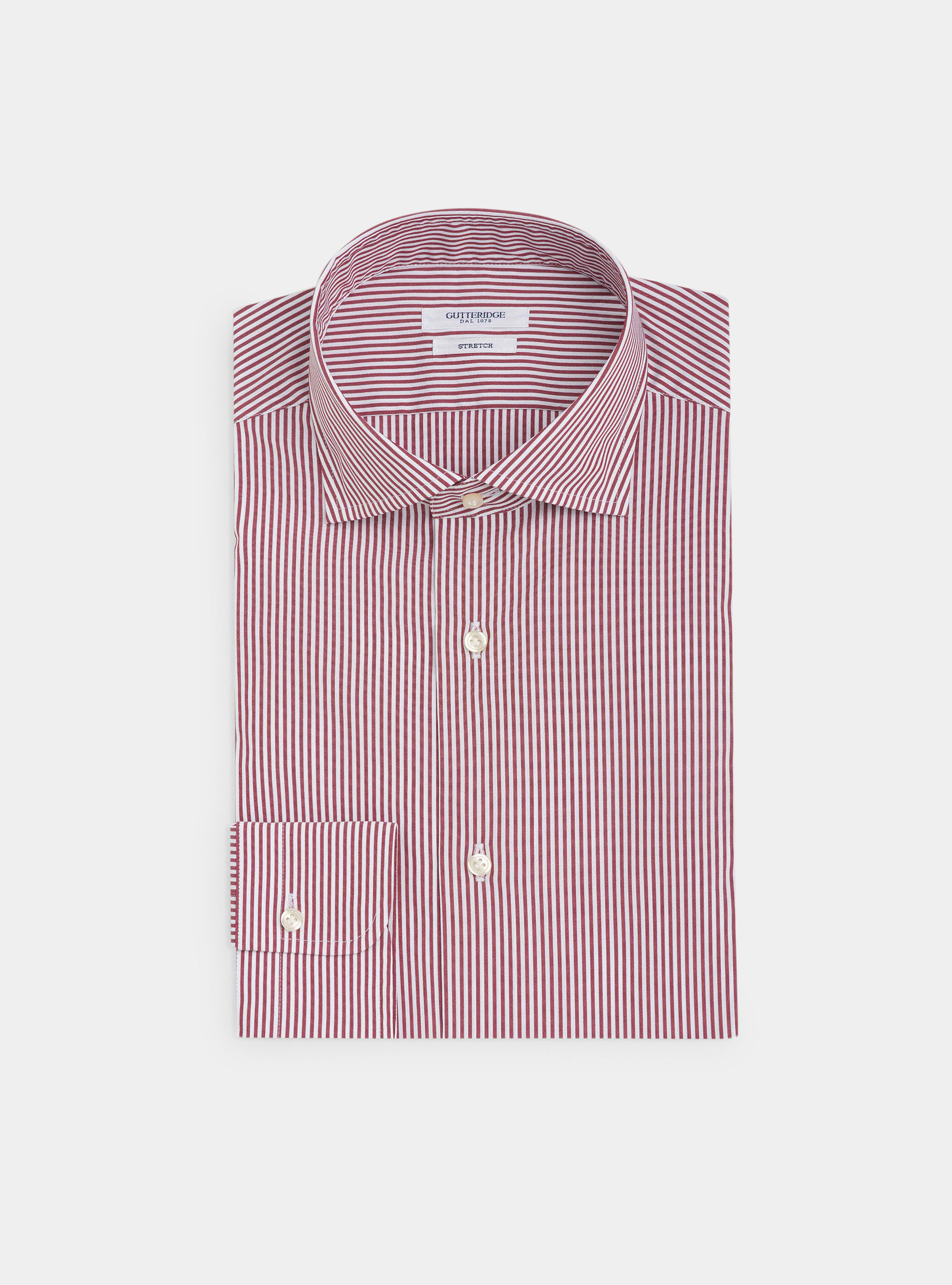 Semi-open french collar shirt in striped stretch cotton poplin, RED