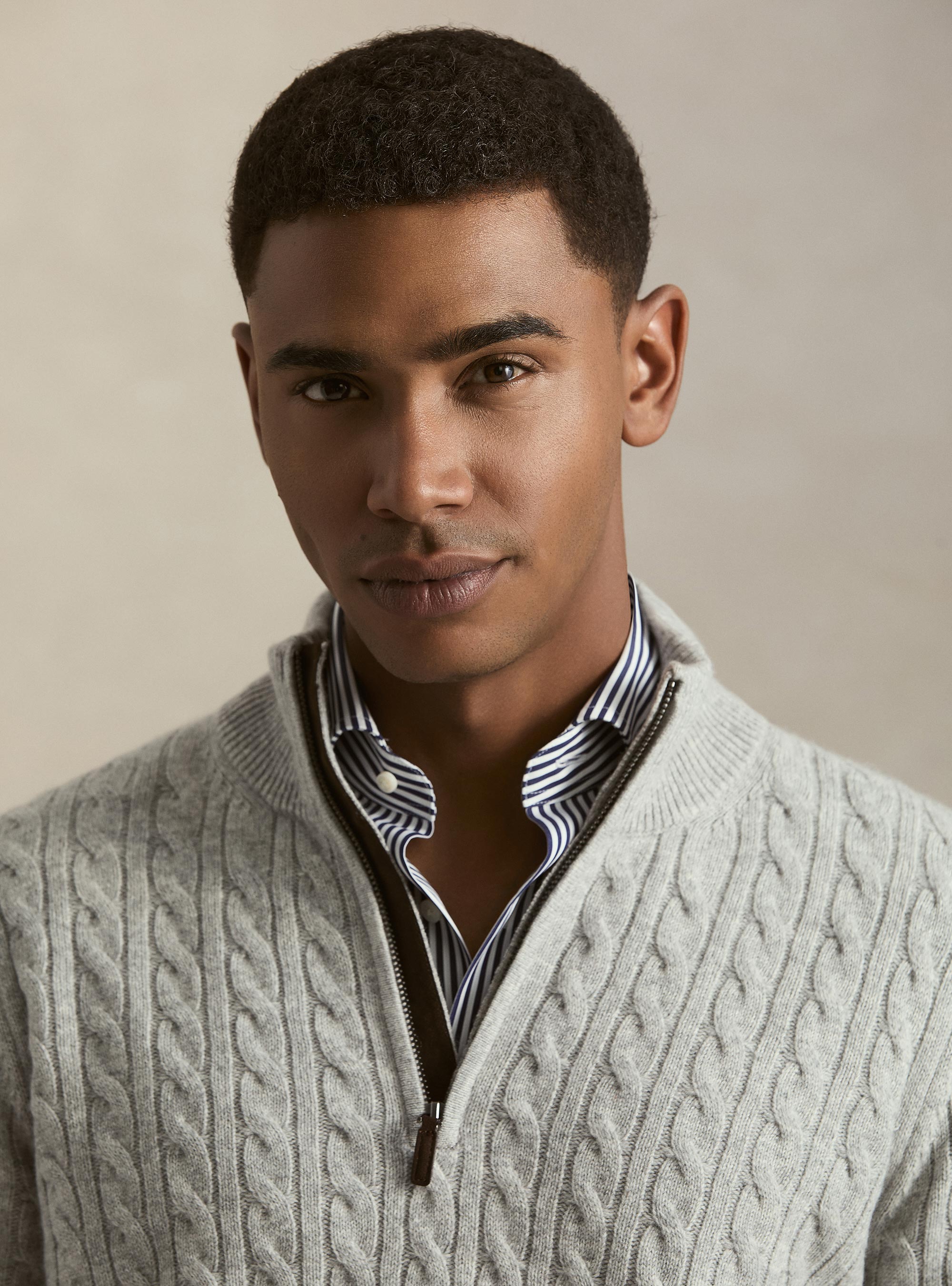 Cable-knit wool and cashmere mock neck sweater, LIGHT GREY MELANGE
