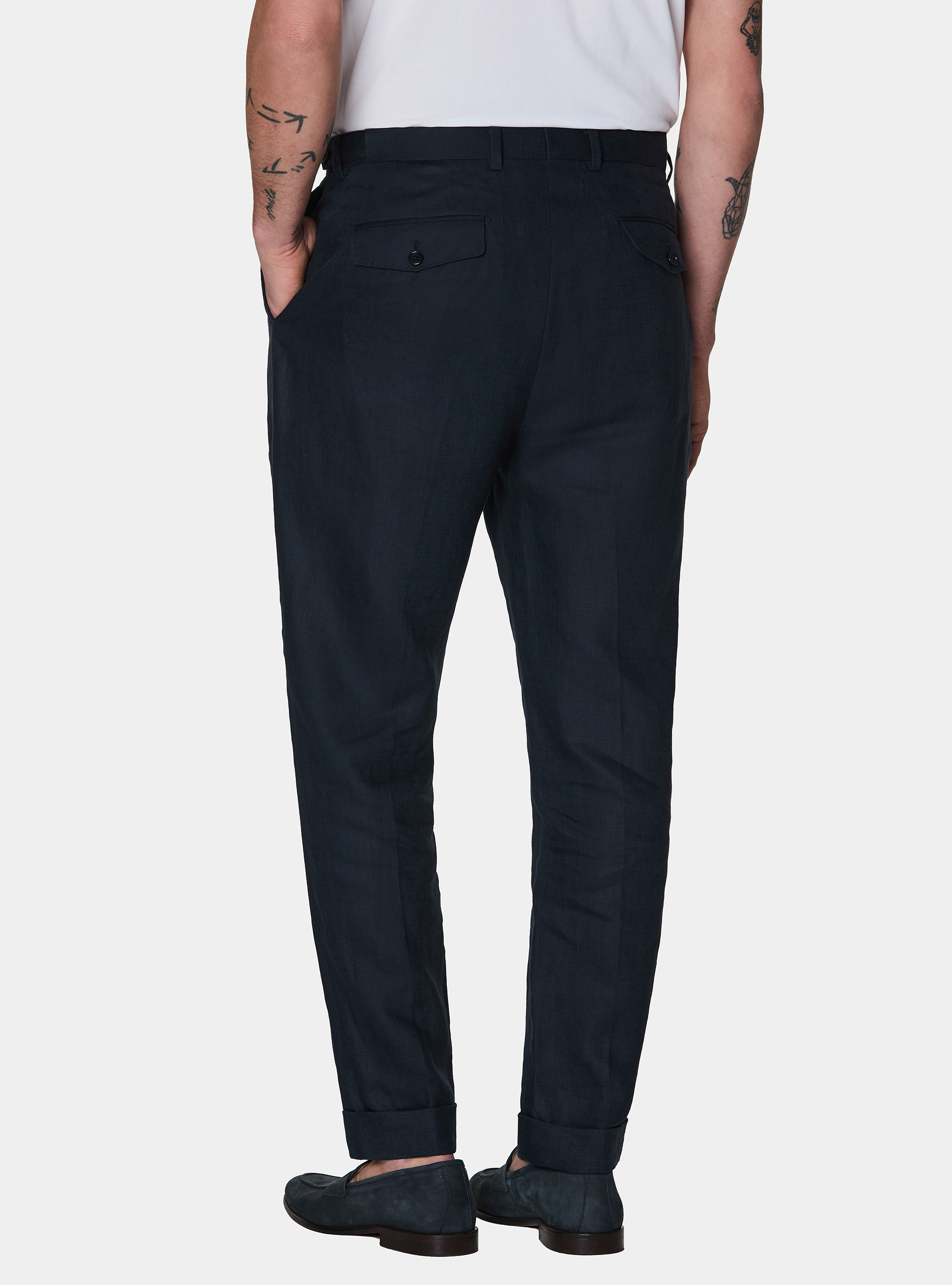 Pantaloni con pince in puro lino, BLU NAVY