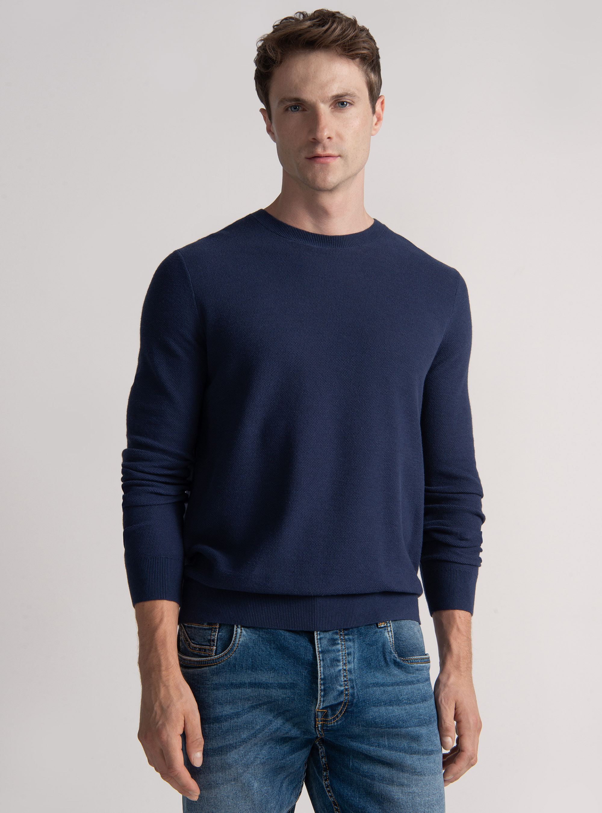 Trikot mit Rundhalsausschnitt aus Baumwolle und Kaschmir mit Wabenmuster, INCHIOSTRO 0232C