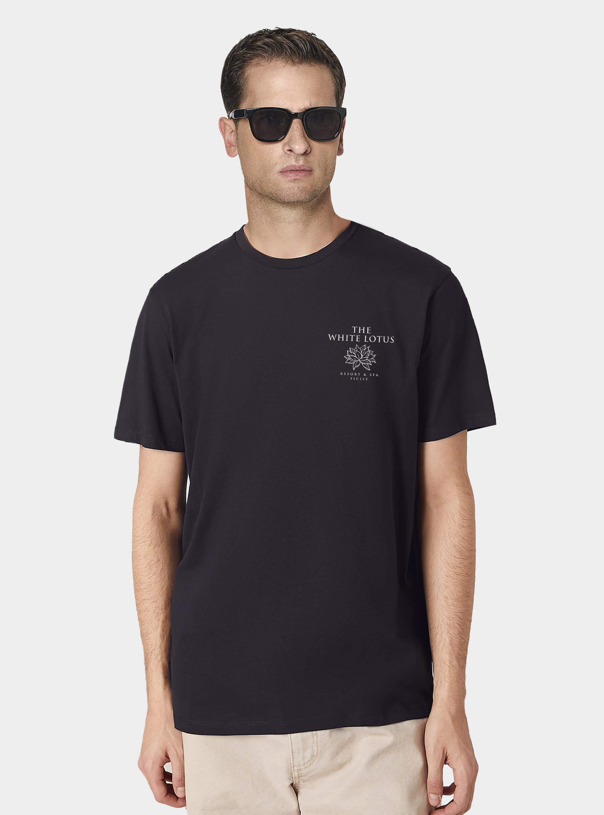 Navy cotton half-sleeved T-shirt the white lotus, NAVY BLUE