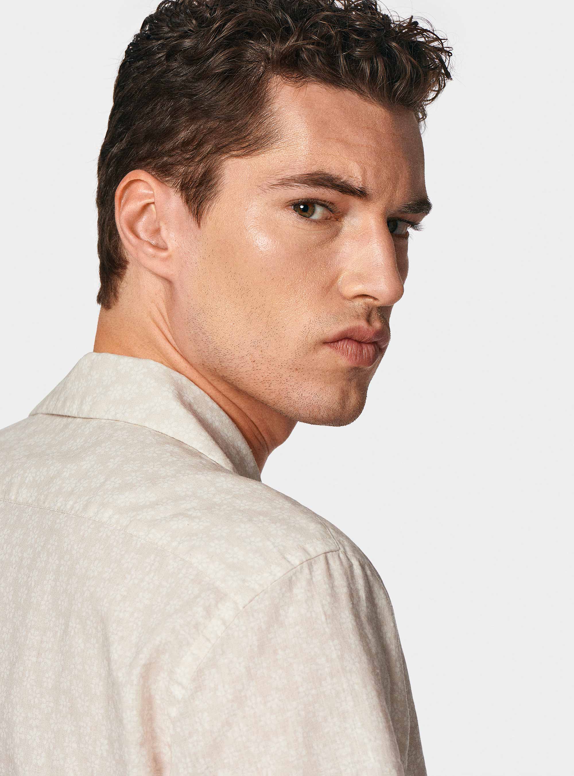 Camicia bowling in lino e cotone stampato, ECRU