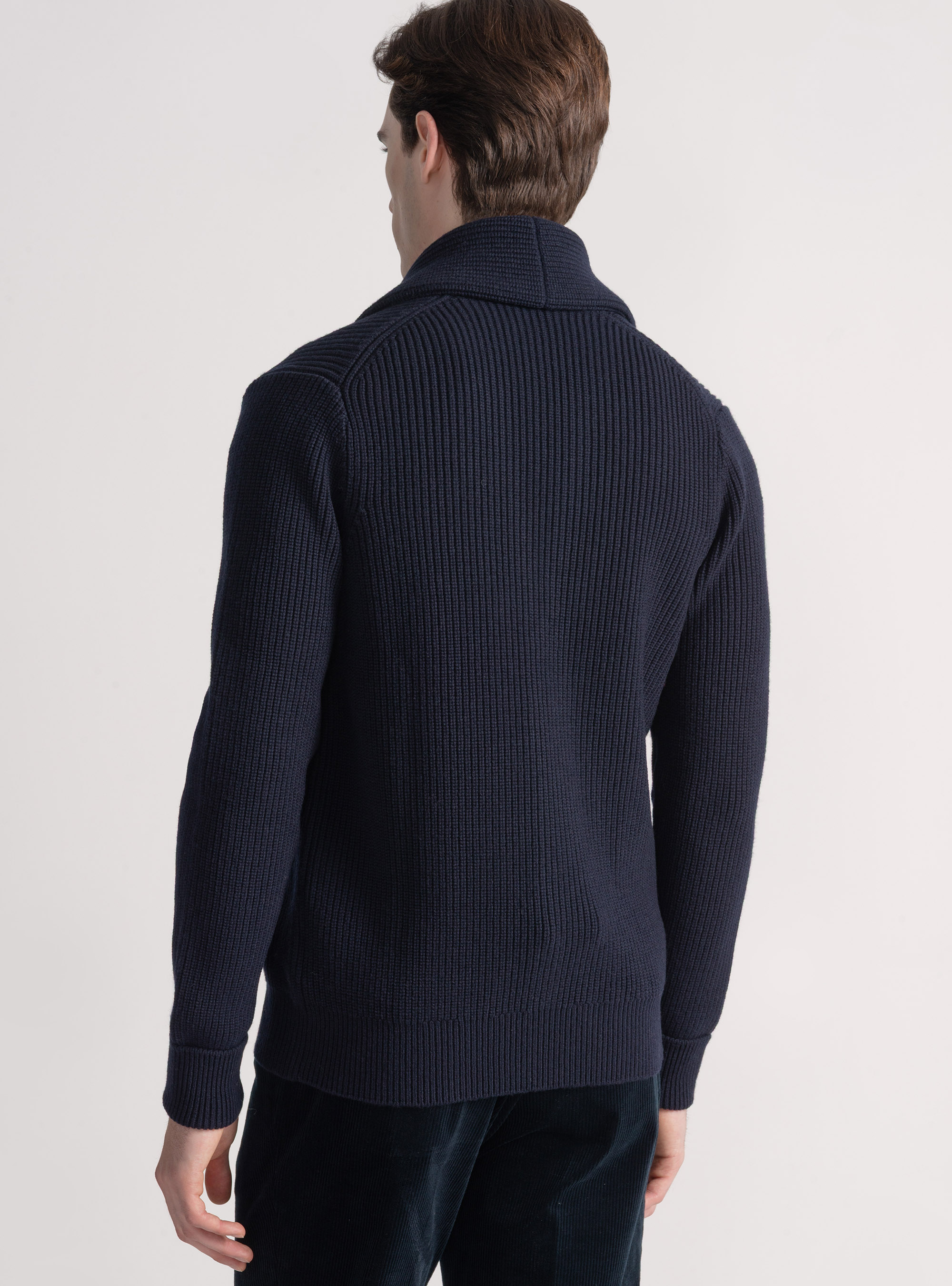 Cardigan in maglia sciallata in lana merino, BLU NAVY