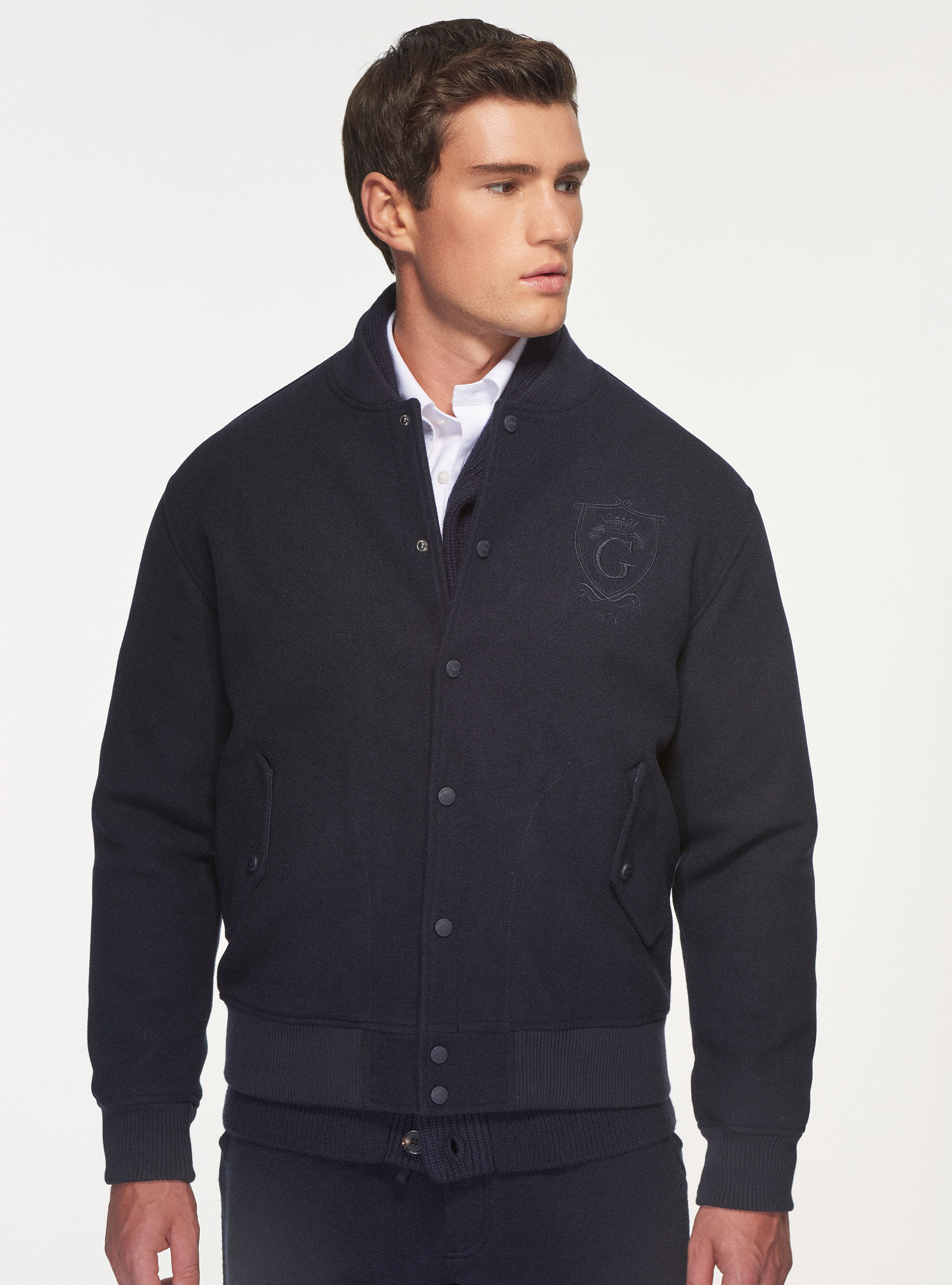 Bomber in panno con ricamo in tinta, BLU NAVY
