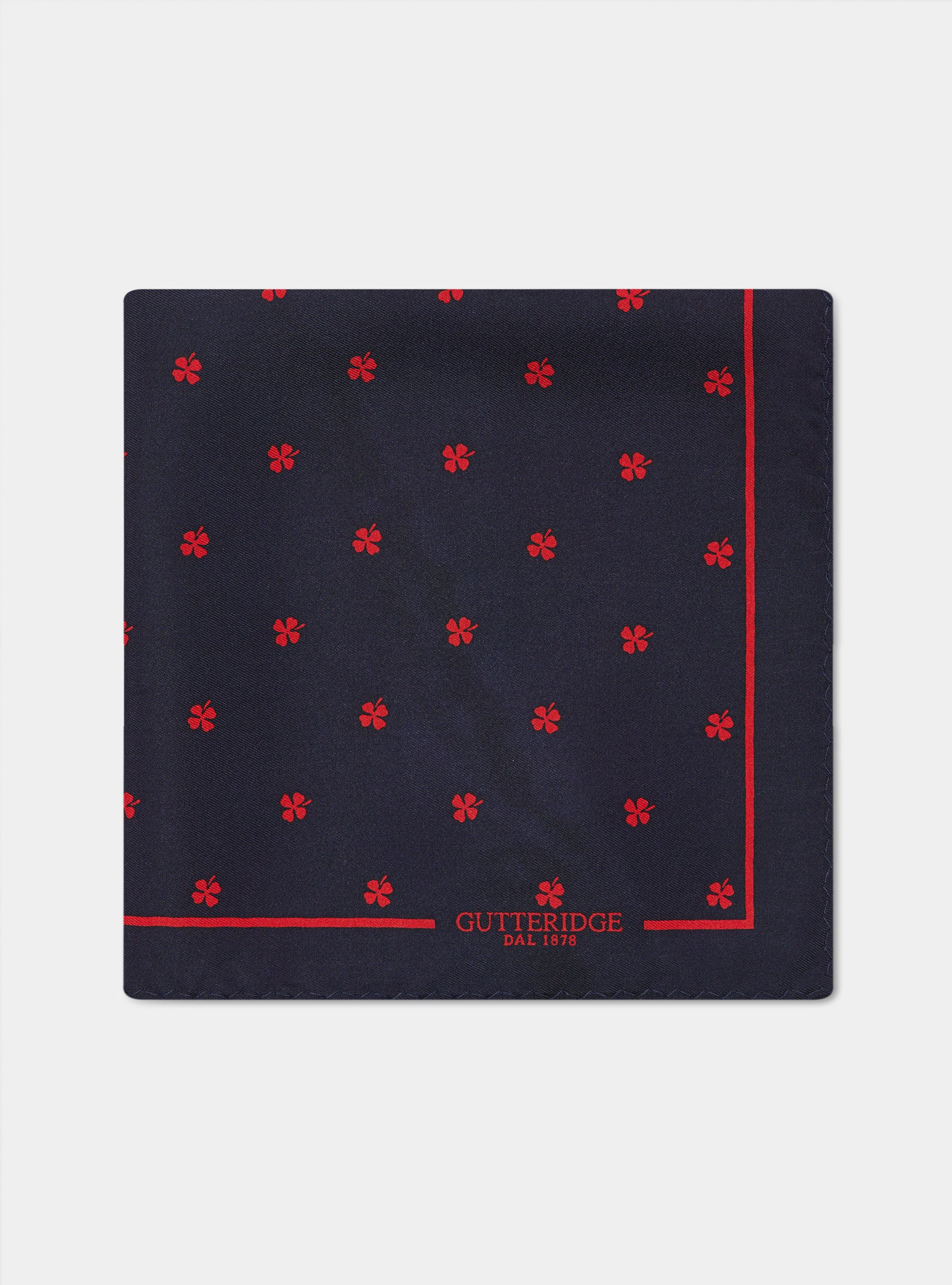 Pochette fantasia quadrifoglio in seta stampata, BLU NAVY/ROSSO B94