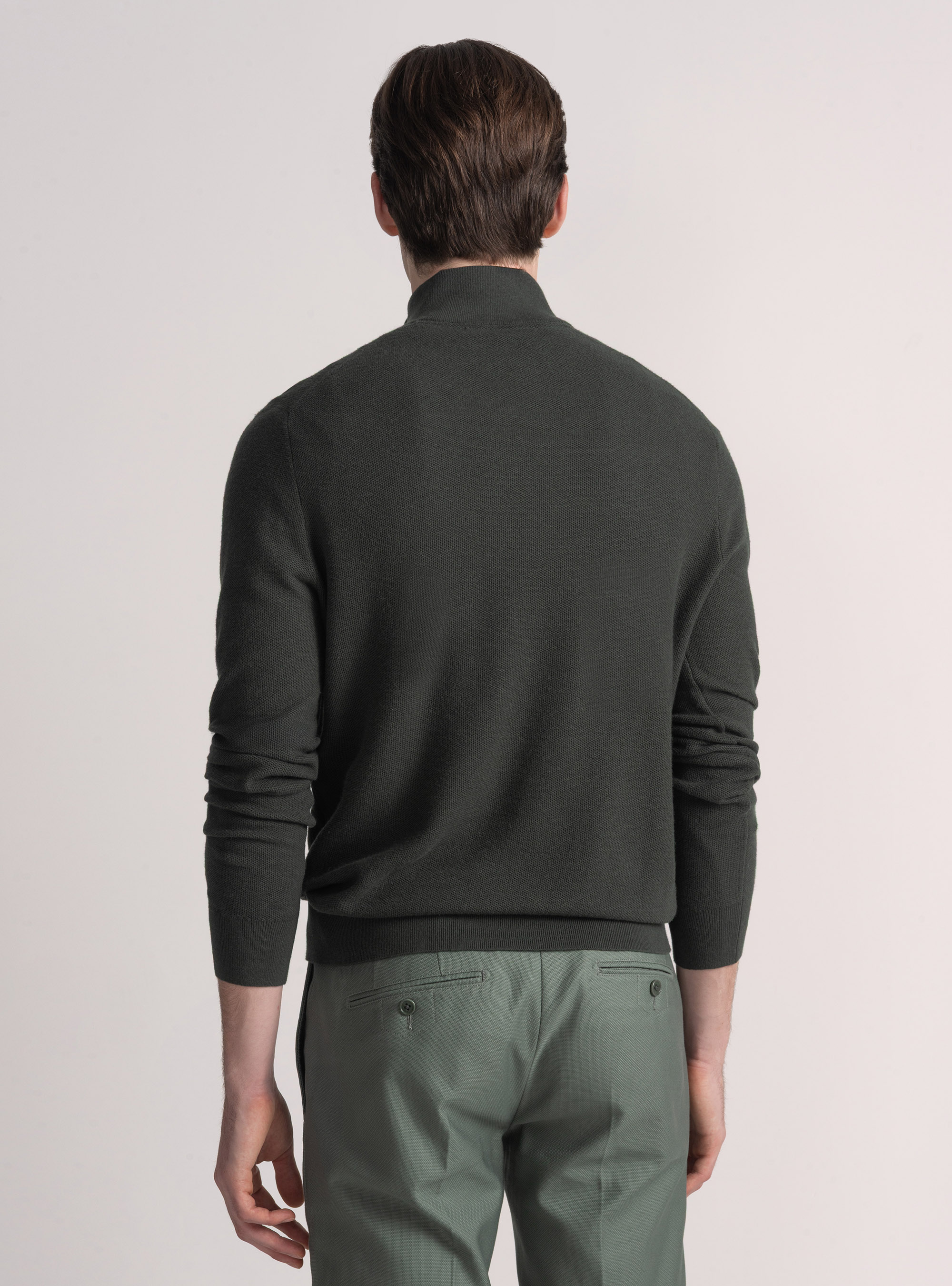 Maglia mock neck nido d'ape in cotone cashmere, MILITARE 0609C
