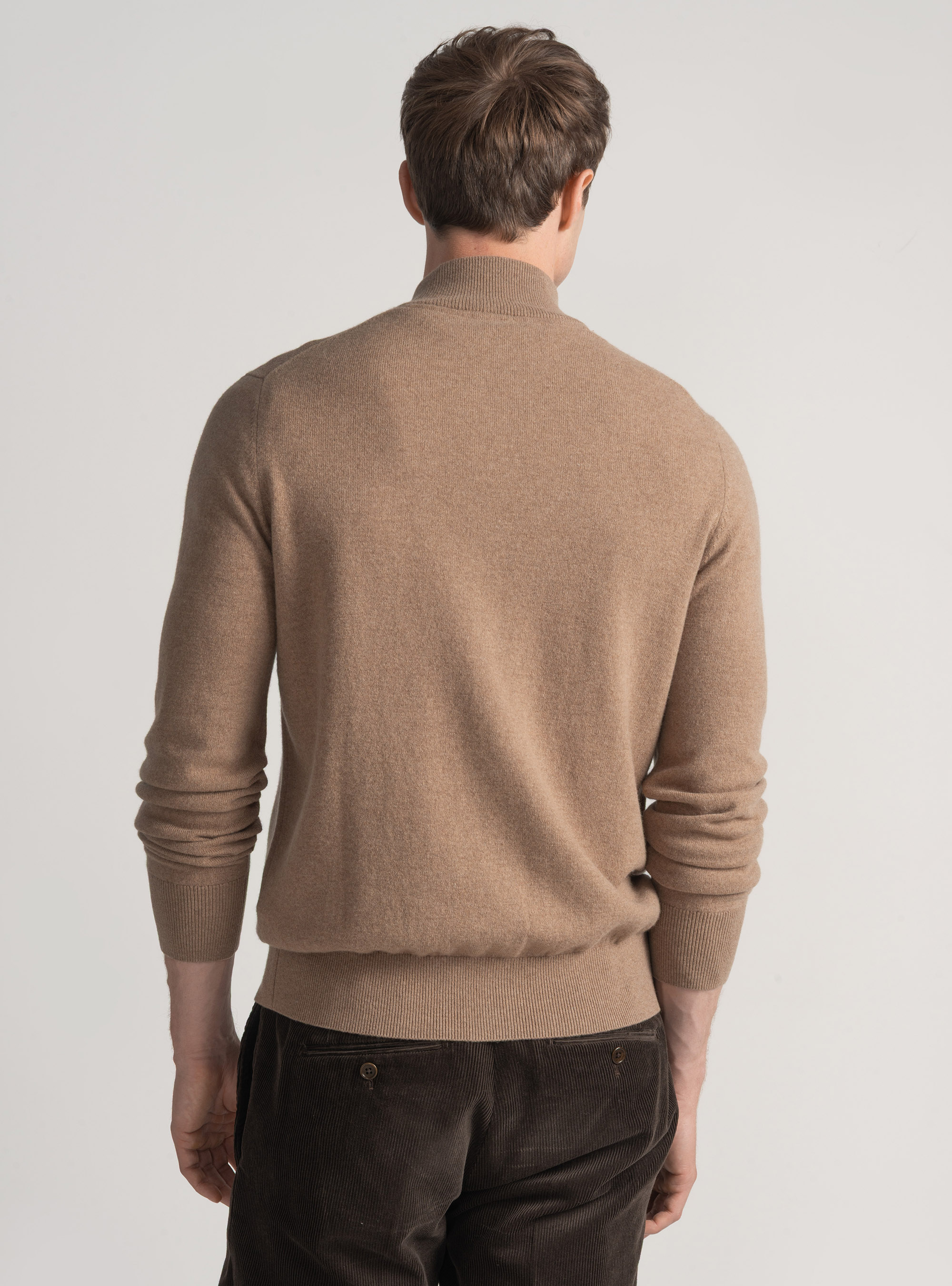 Cardigan in maglia con zip in lana lambswool e cashmere, CAMMELLO 0570C