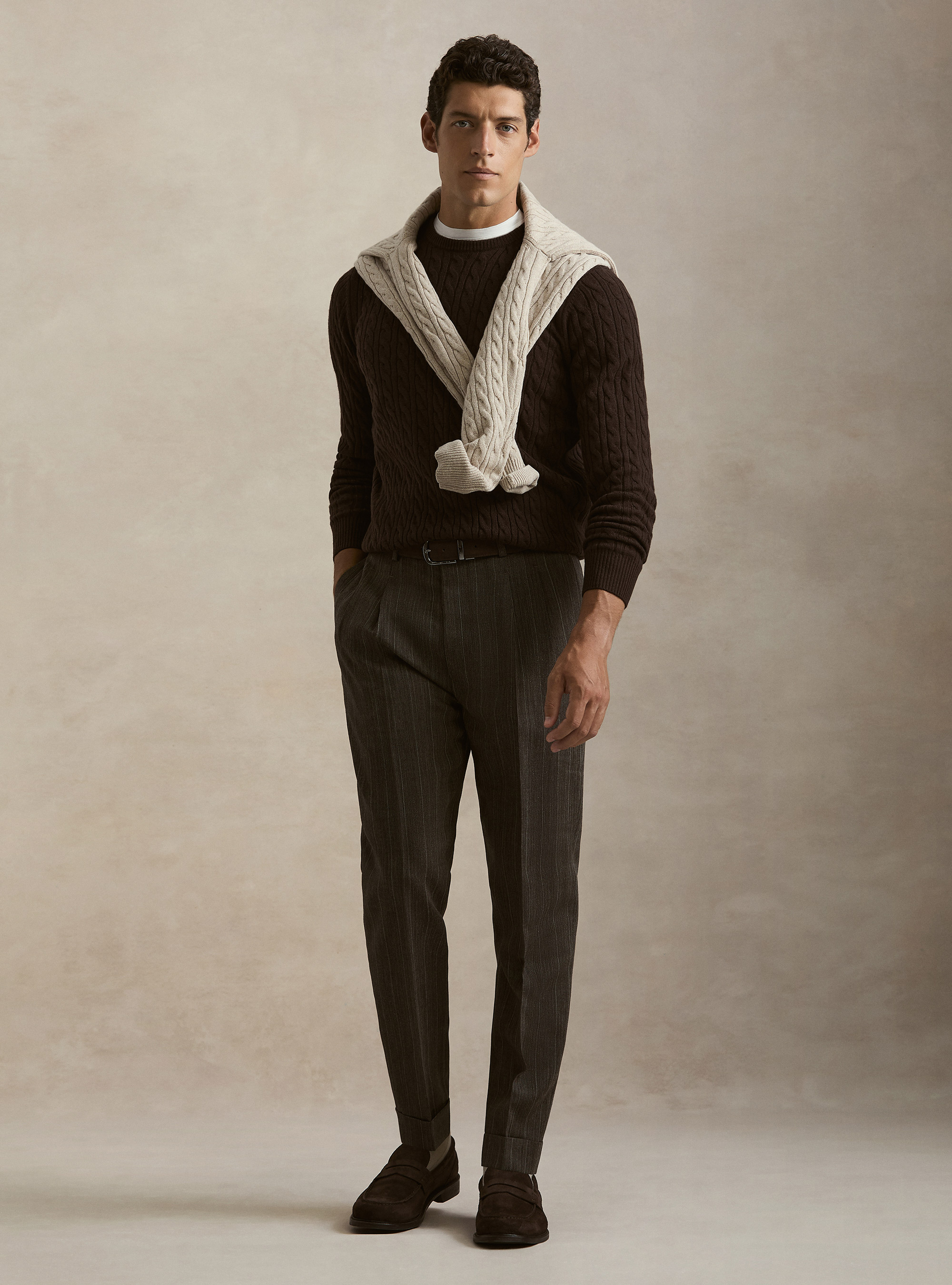 Girocollo in maglia con treccia in lana cashmere, MARRONE
