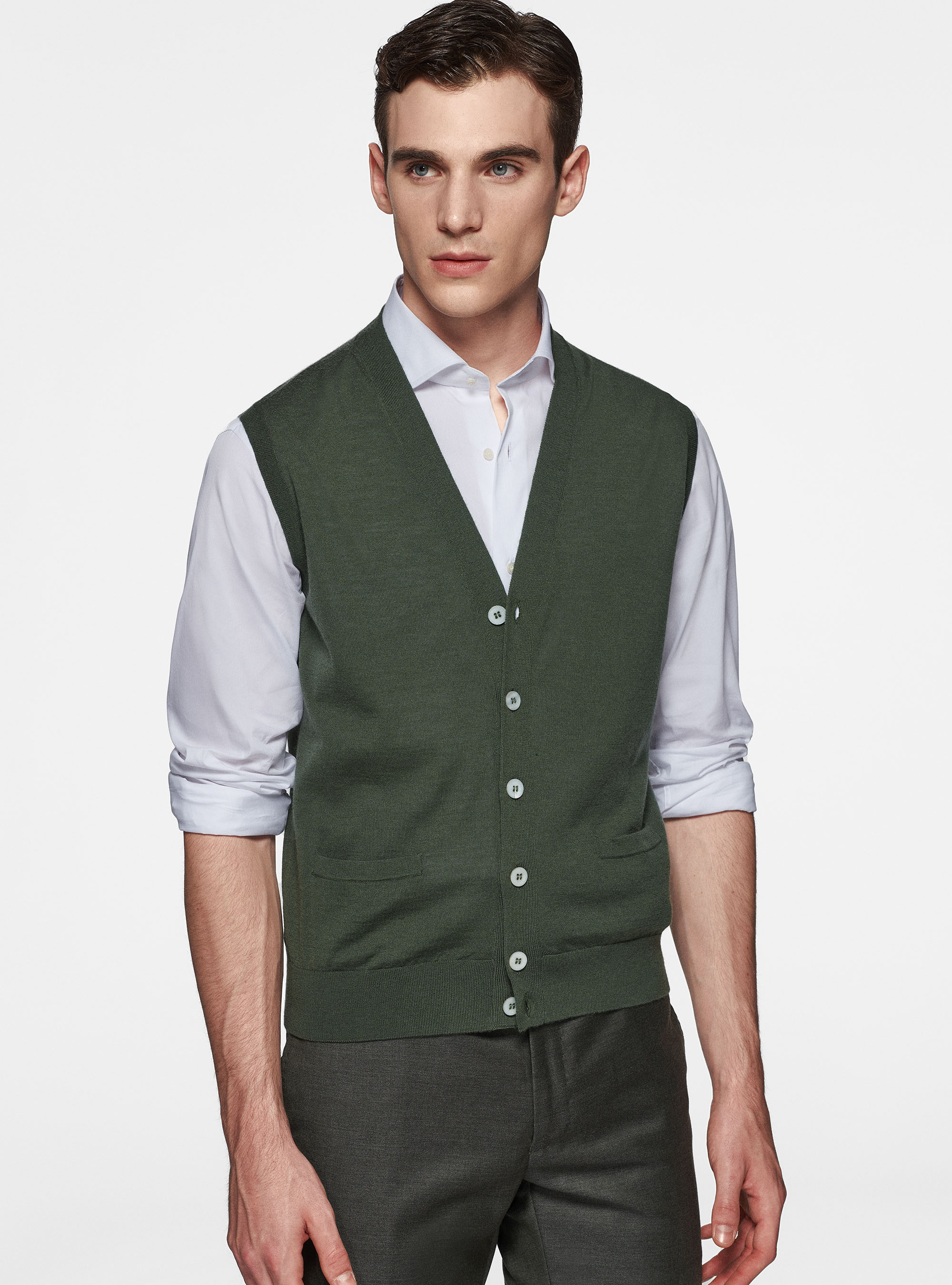 Gilet in maglia in pura lana merino extrafine, MILITARE 0609C