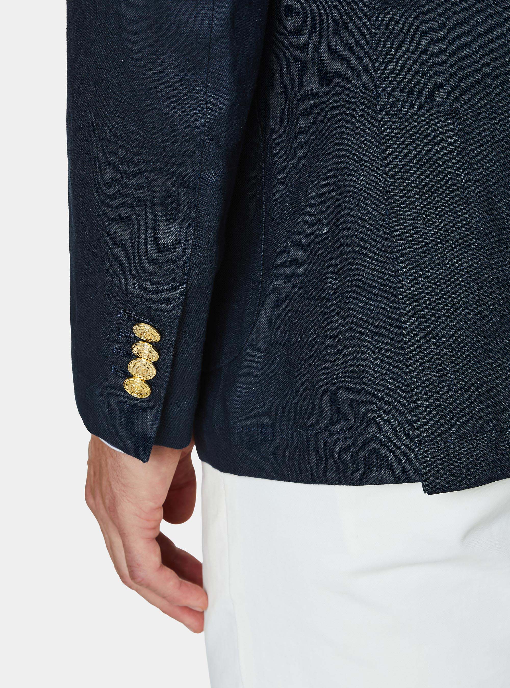 Double-breasted linen blazer with metal button, NAVY BLUE