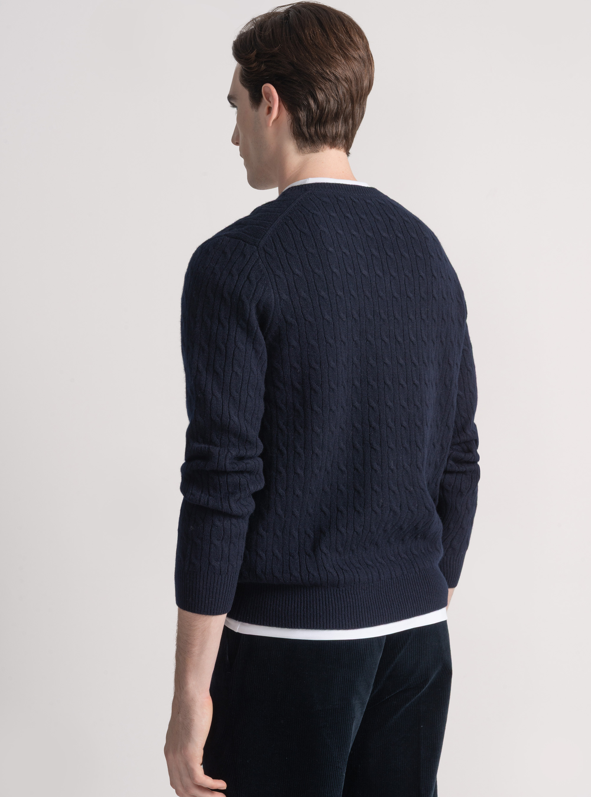 Merino wool V-neck sweater with braid, NAVY BLUE