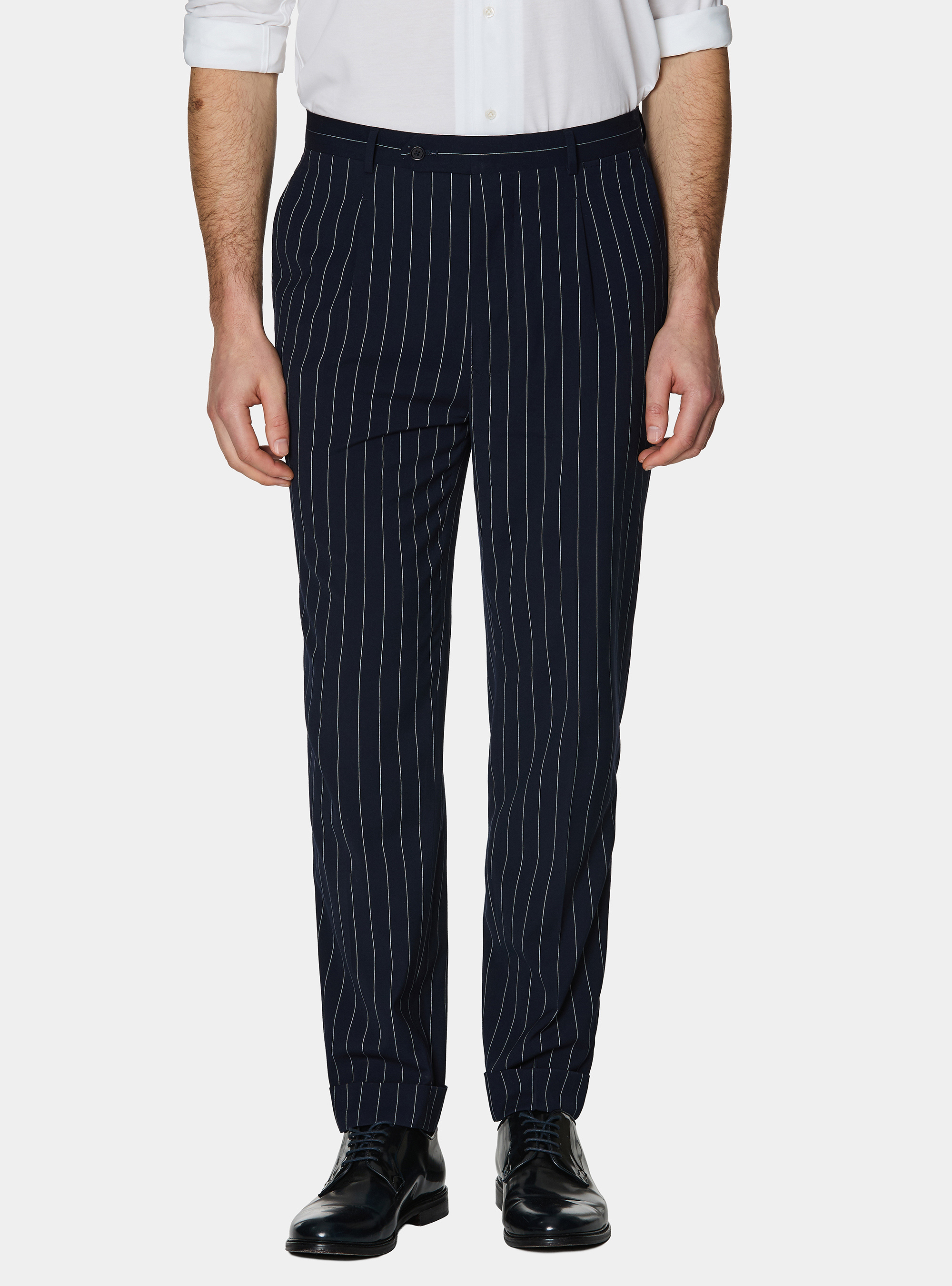 Double-breasted pinstripe suit trousers, NAVY BLUE