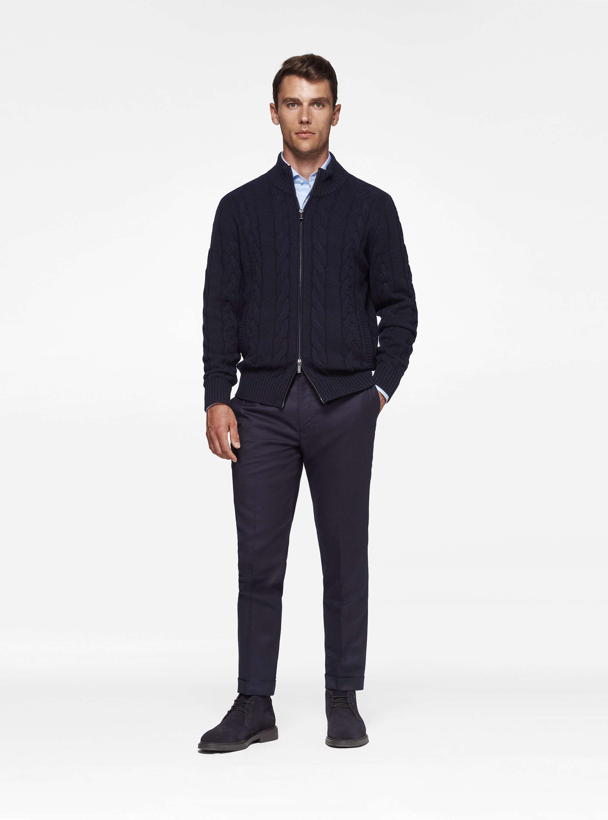 Cardigan in maglia a treccia in lana e cashmere, BLU NAVY