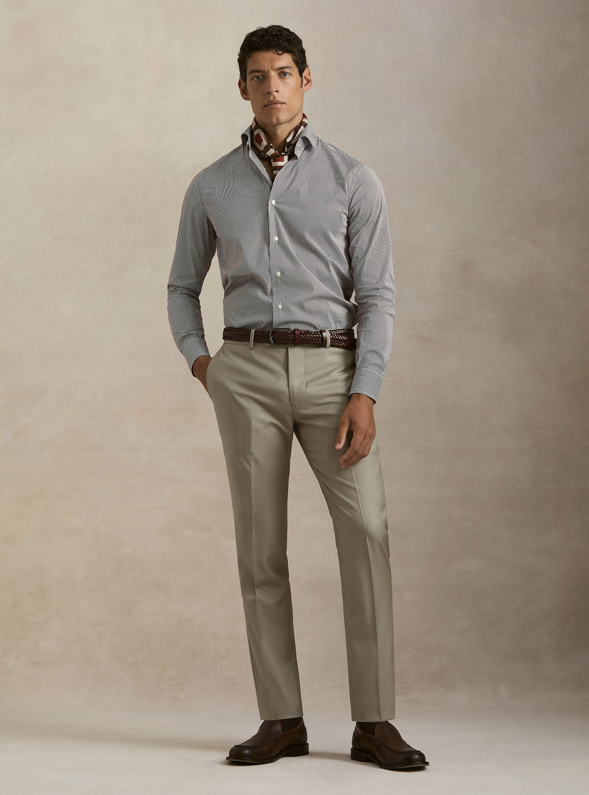 Striped cotton poplin stretch shirt, BROWN