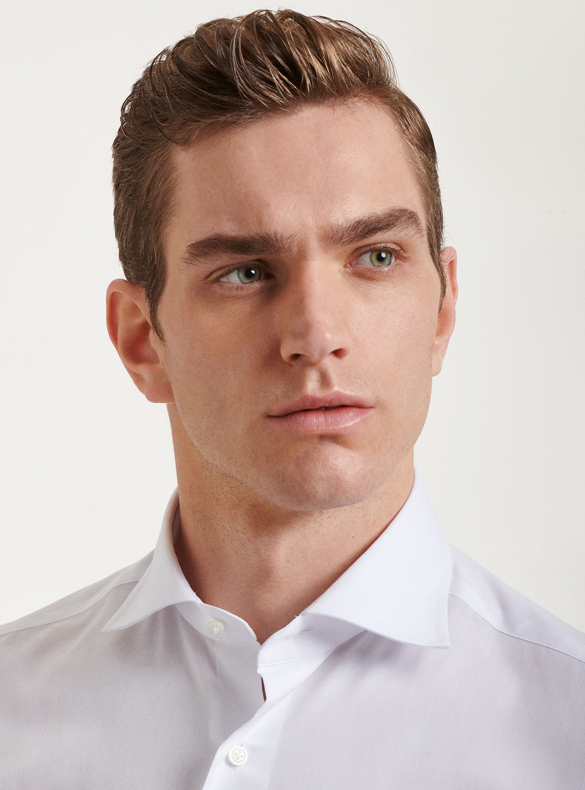 Camicia collo semi francese in popeline stretch, BIANCO