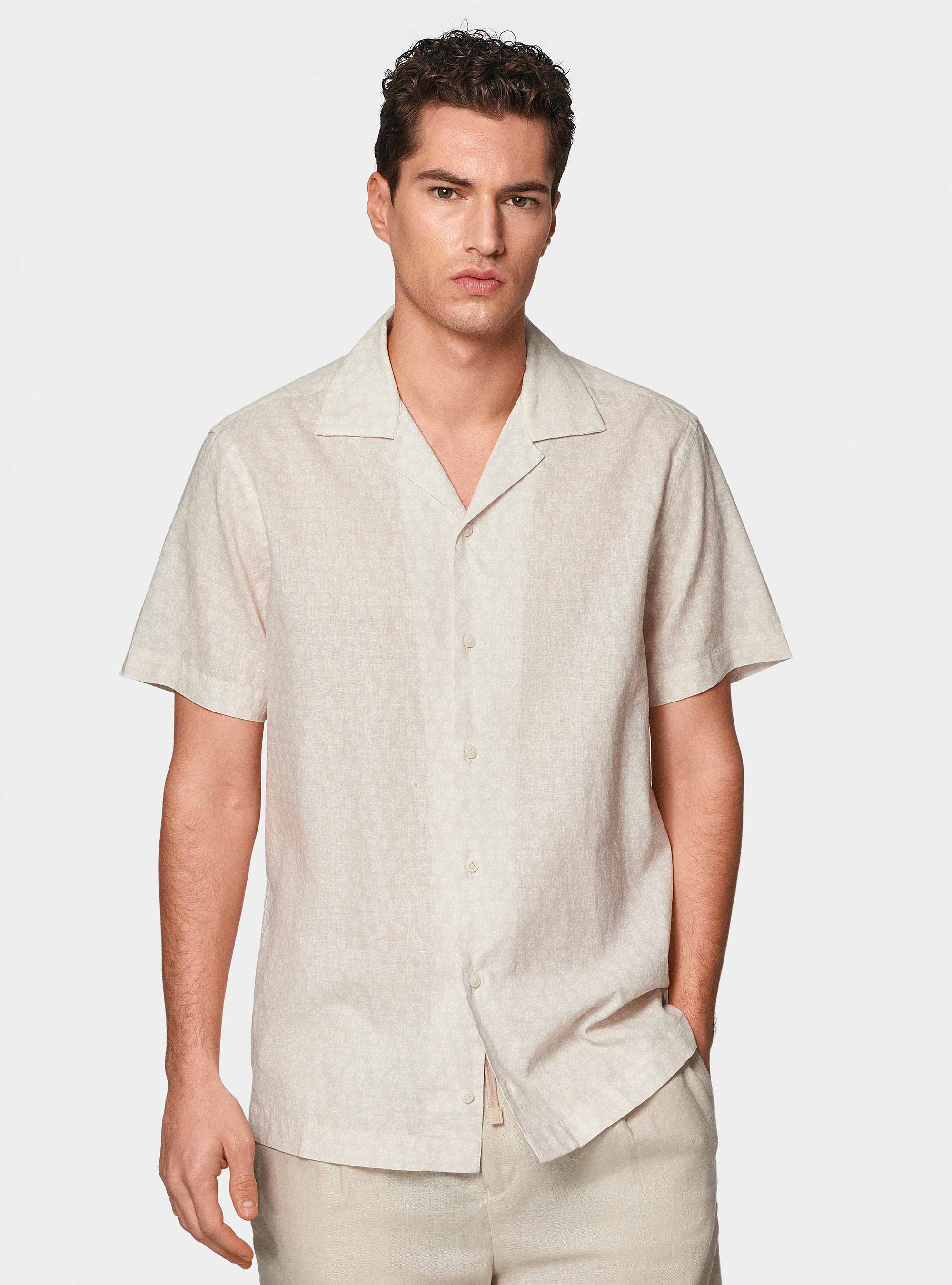 Camicia bowling in lino e cotone stampato, ECRU