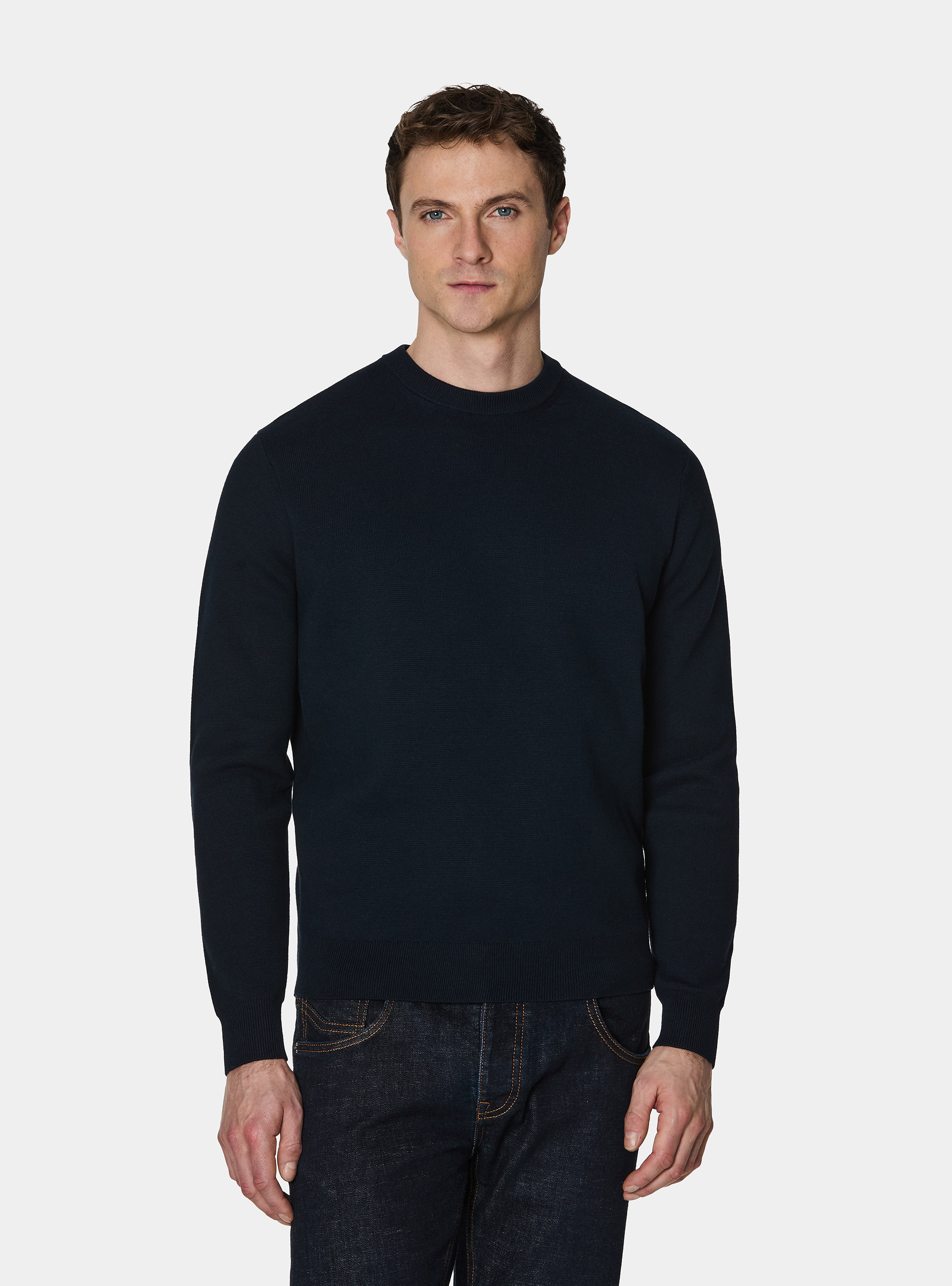 Cotton blend crew neck sweater, NAVY BLUE