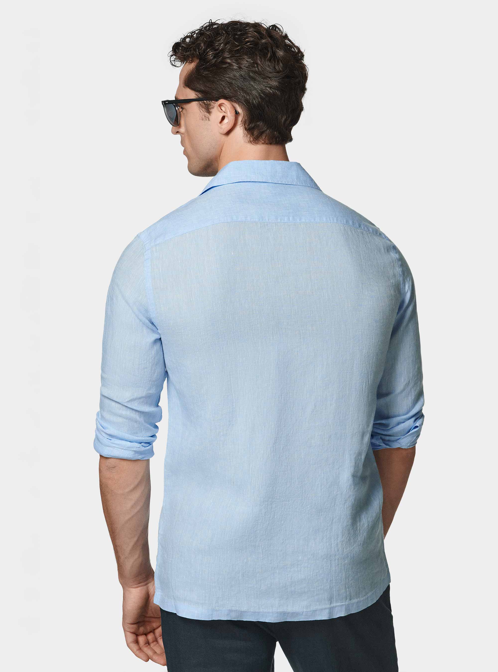 Camisa bowling de lino puro con grandes bolsillos, CELESTE