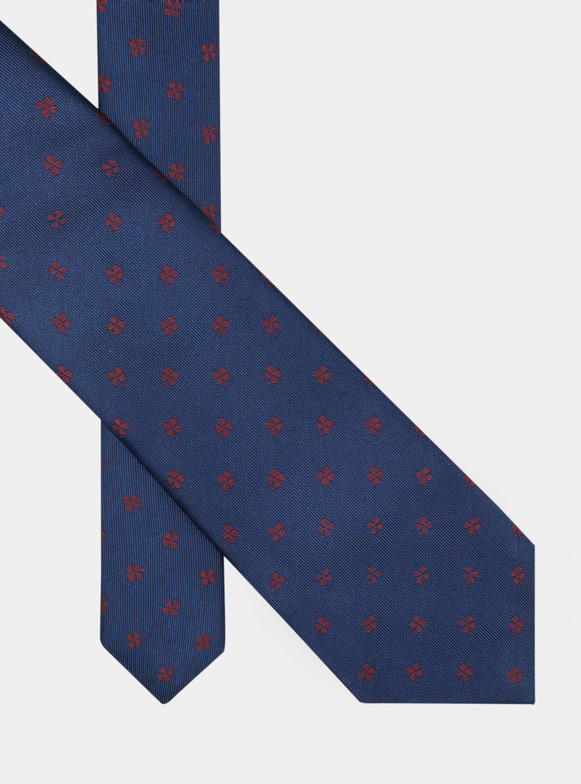 Silk twill tie with four-leaf clovers, NAVY/BORDEAUX B054