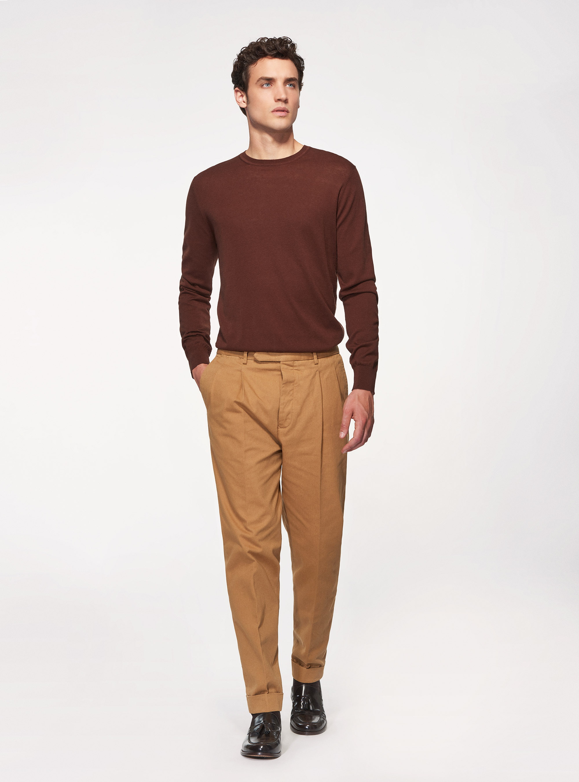 Maglia girocollo in seta cotone, TABACCO