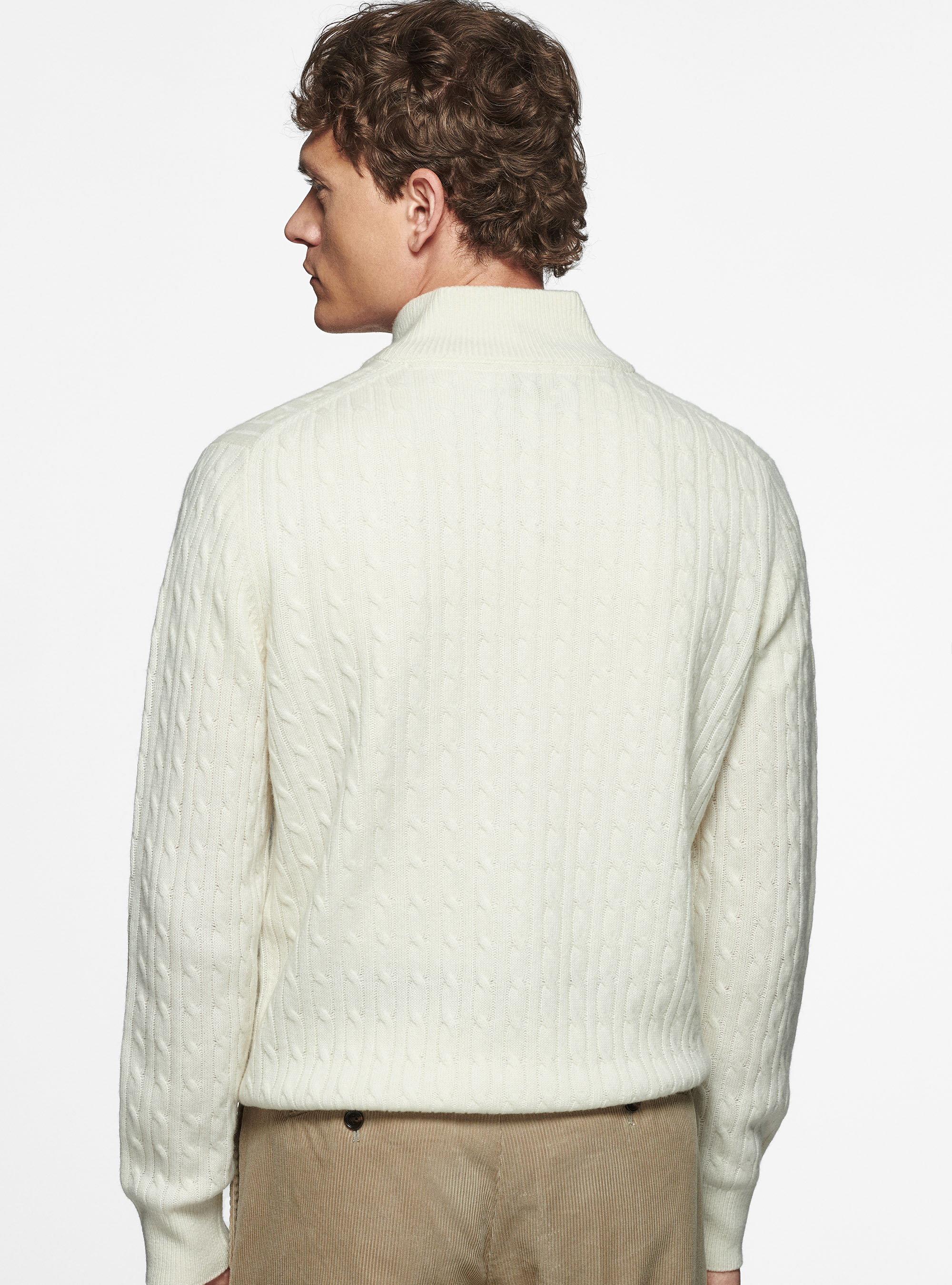 Maglia mock neck in lana e cashmere con trecce, BIANCO