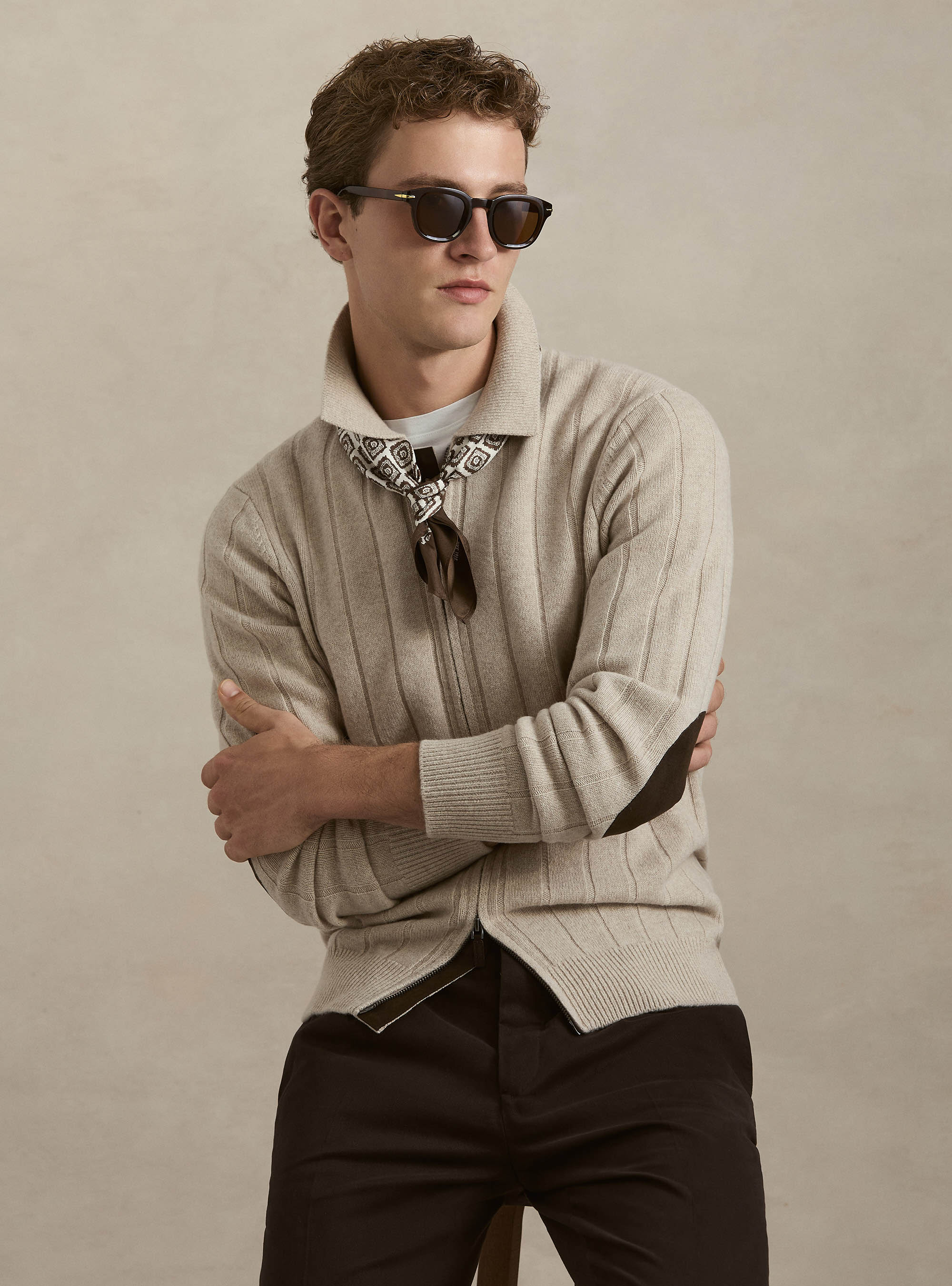 Full-zip wool-cashmere flat-ribbed sweater, ECRU