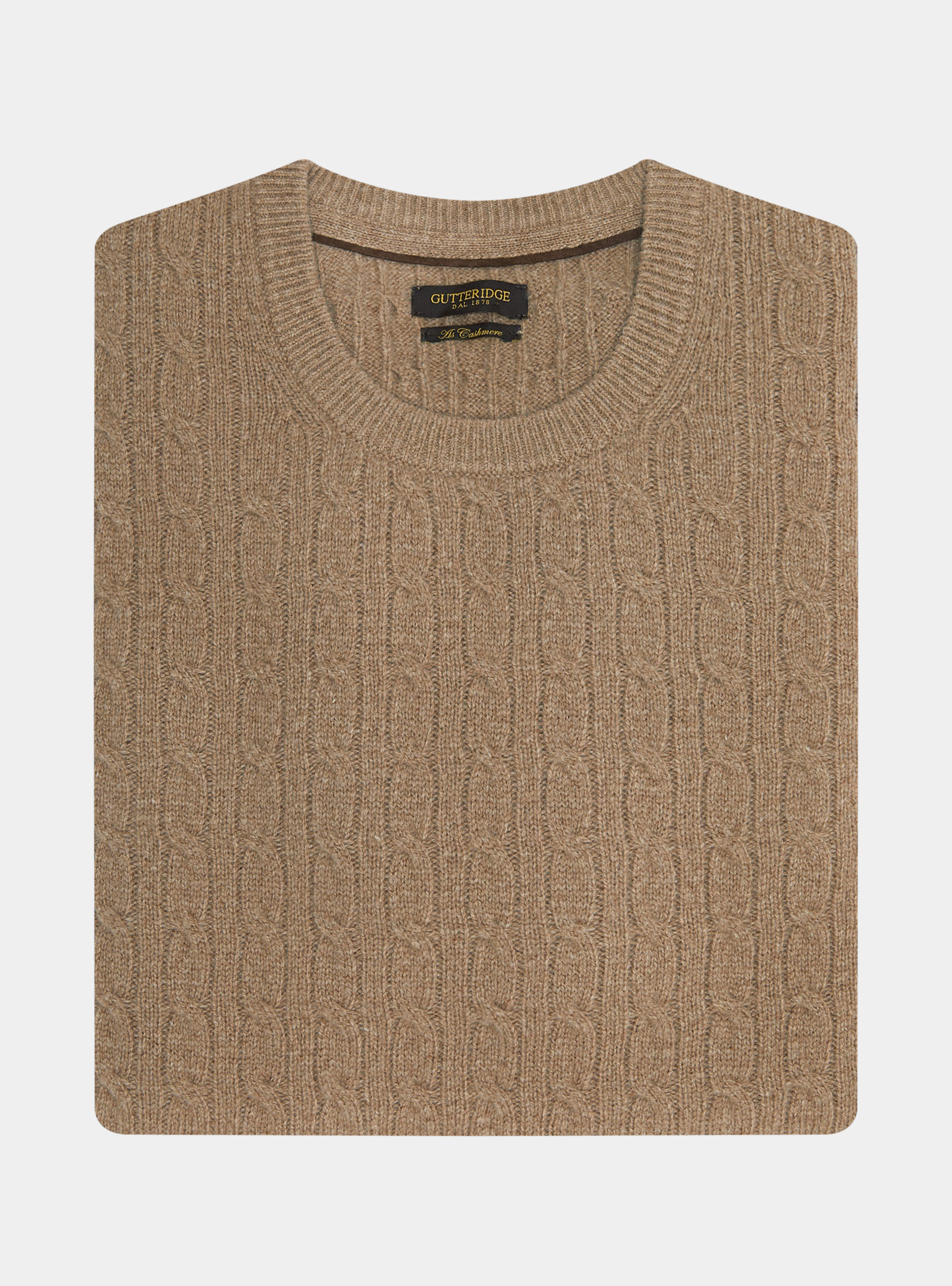 Maglia girocollo in lana cashmere a treccia, CAMMELLO 0570C