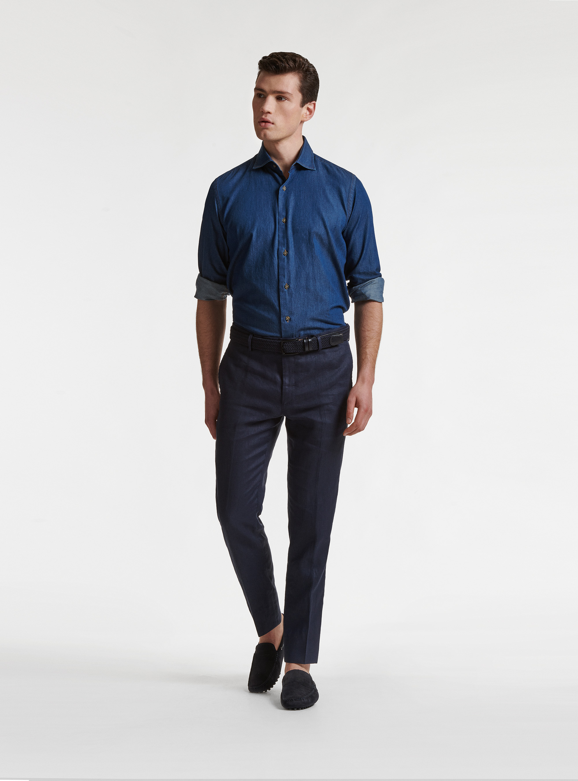 Camisa vaquera con cuello semifranc&eacute;s en chambray de algod&oacute;n, AZUL MARINO