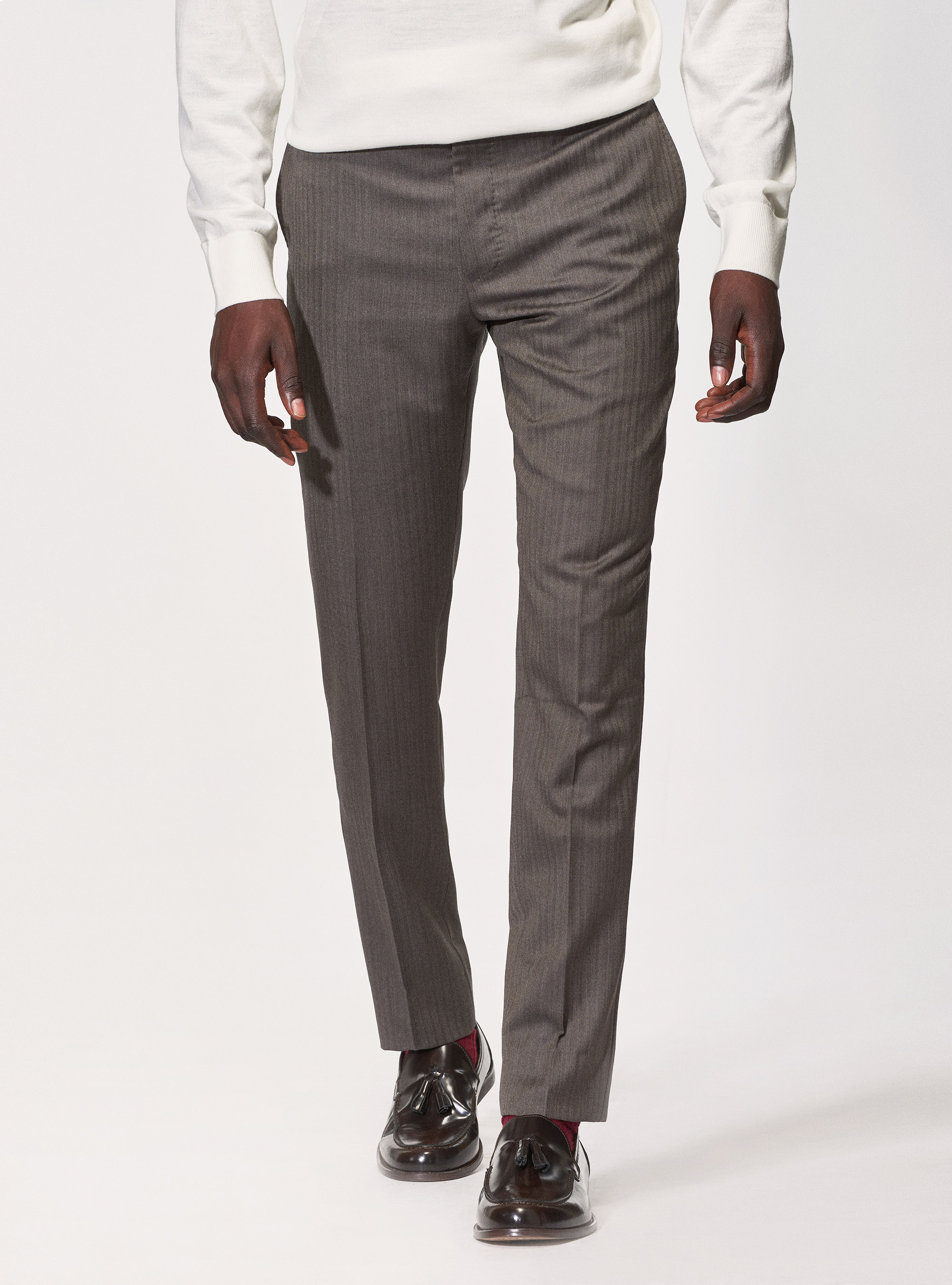 Gutteridge - Pantalon de costume en pure laine à chevrons super fine 110's Vitale Barberis Canonico, , Boue, Taille: 46