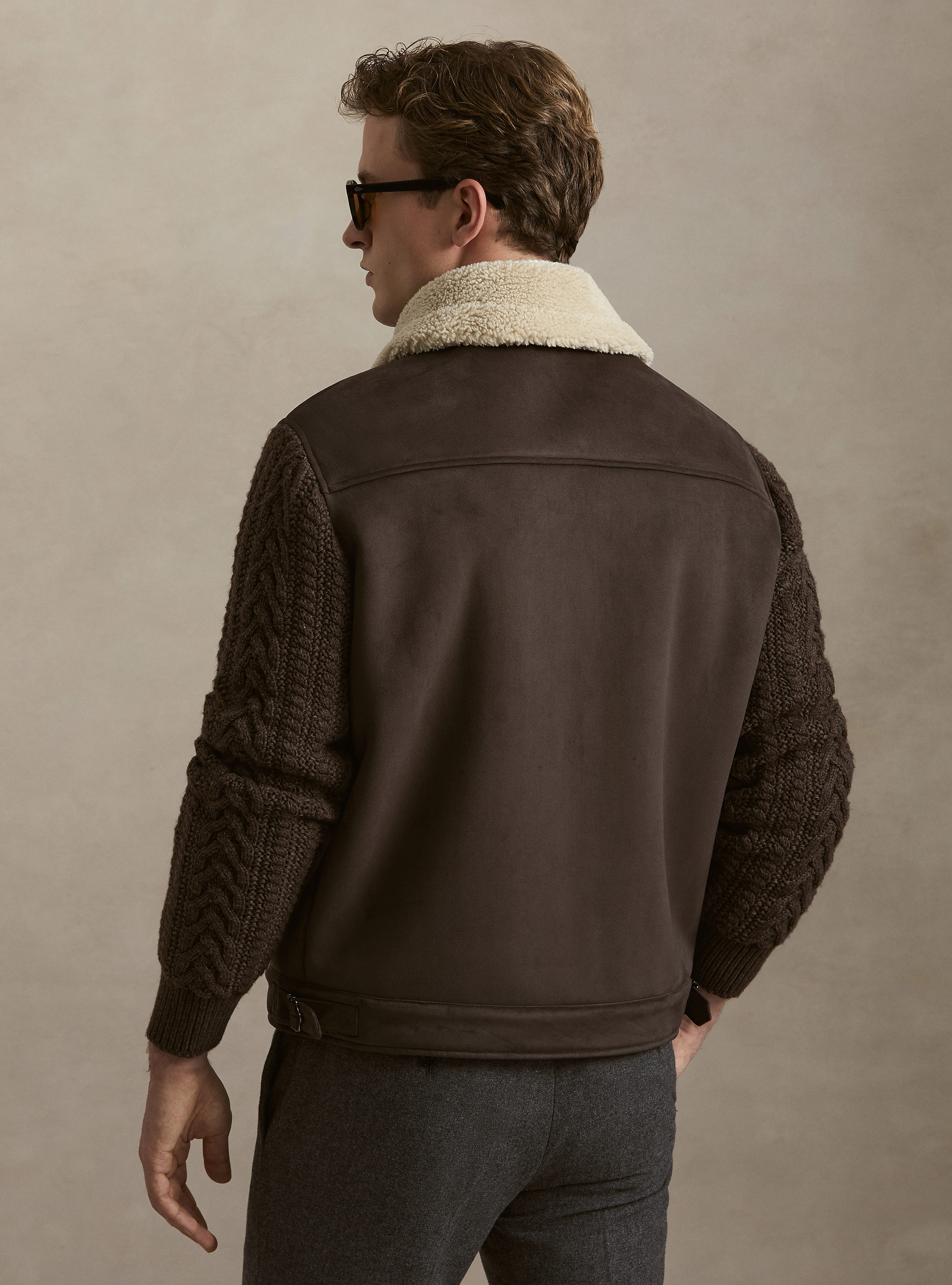 Suede-effect shearling with knit sleeves, BROWN