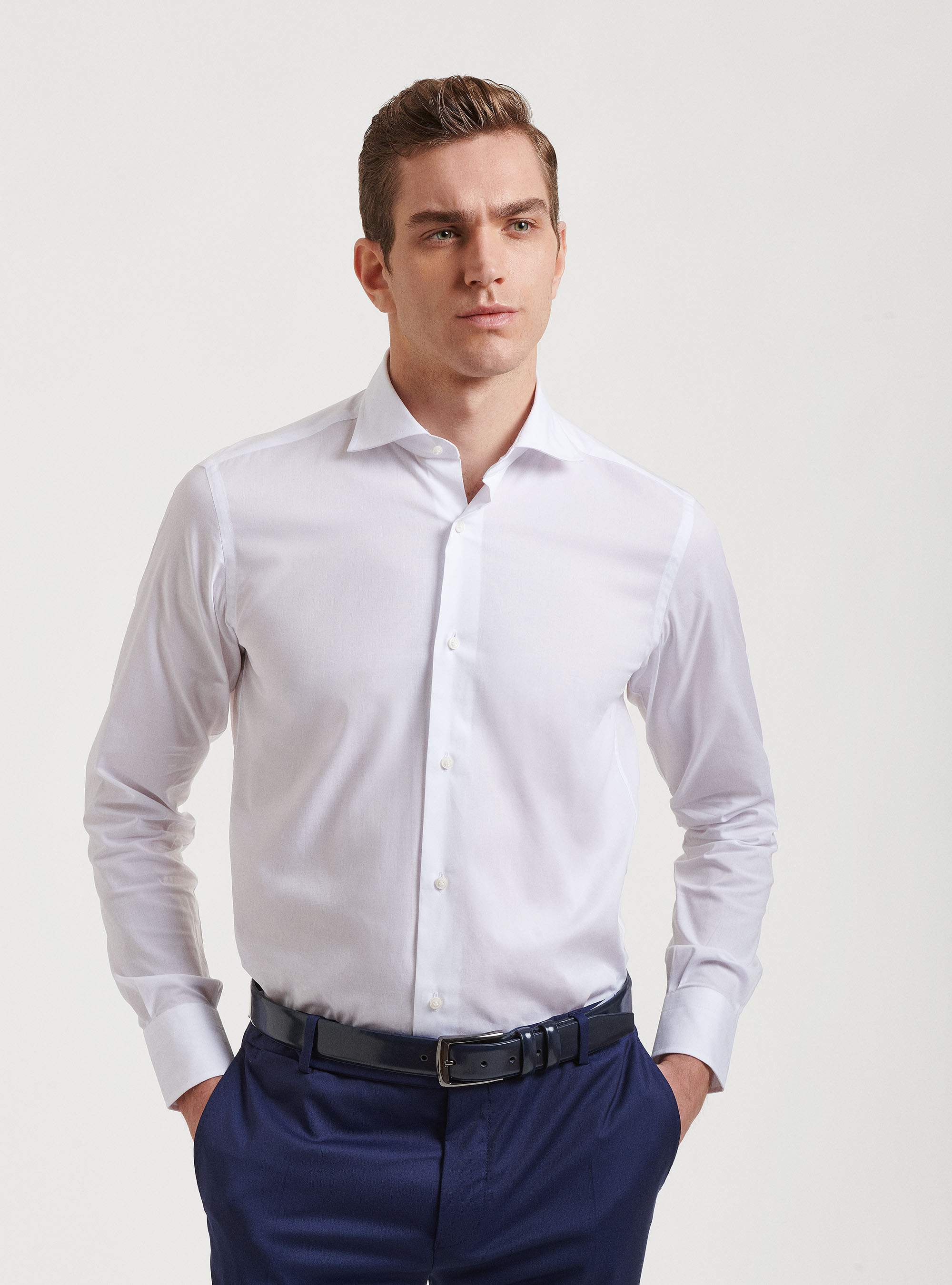 Camicia collo semi francese in popeline stretch, BIANCO