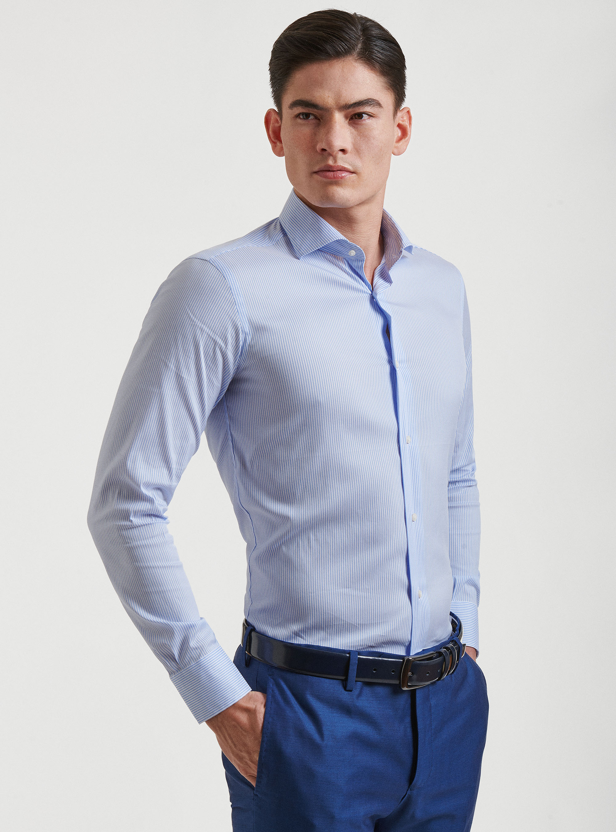 Camicia collo semifrancese  in popeline stretch rigato, AZZURRO