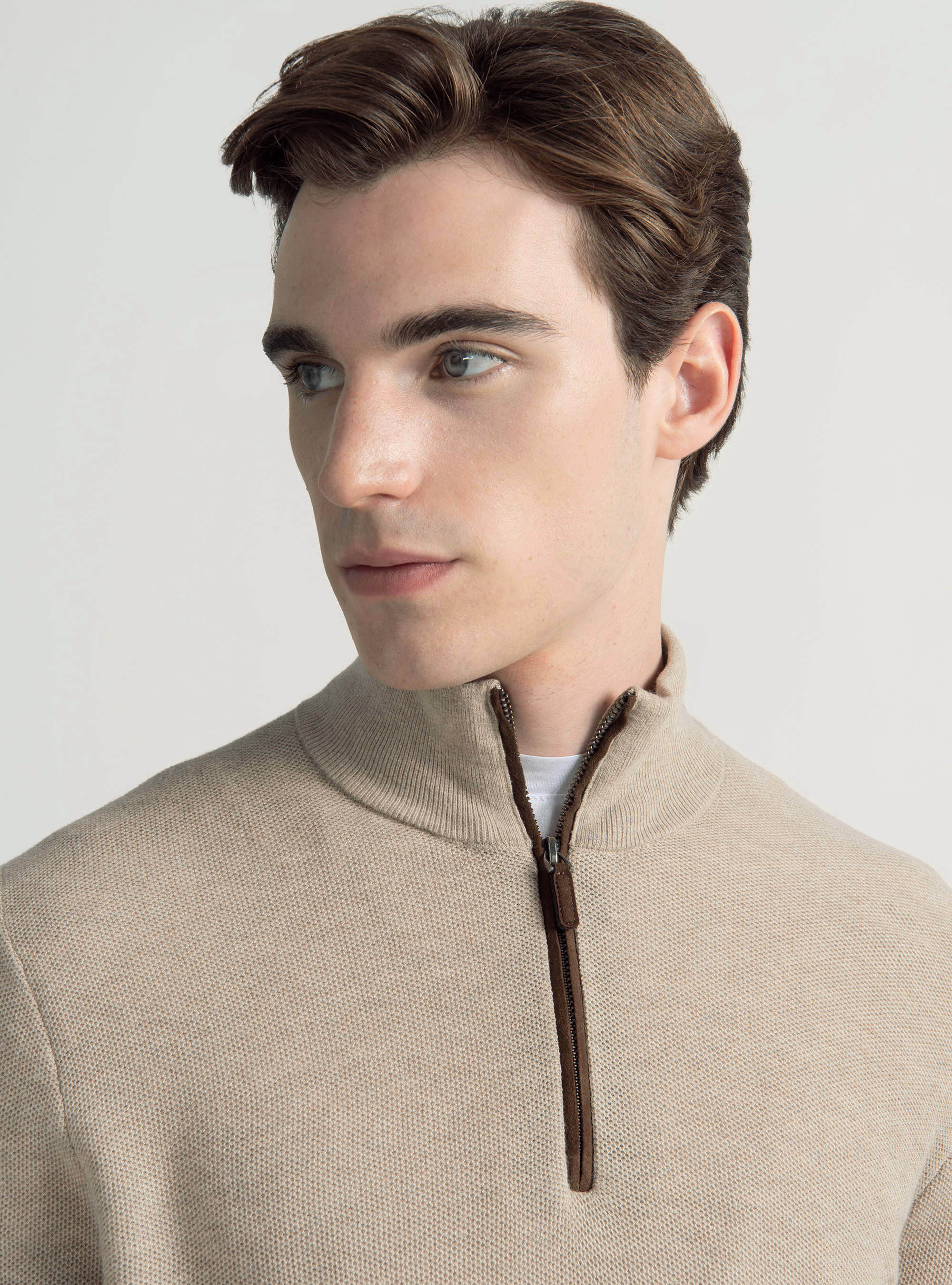 Cotton cashmere honeycomb mock neck sweater, ECRU