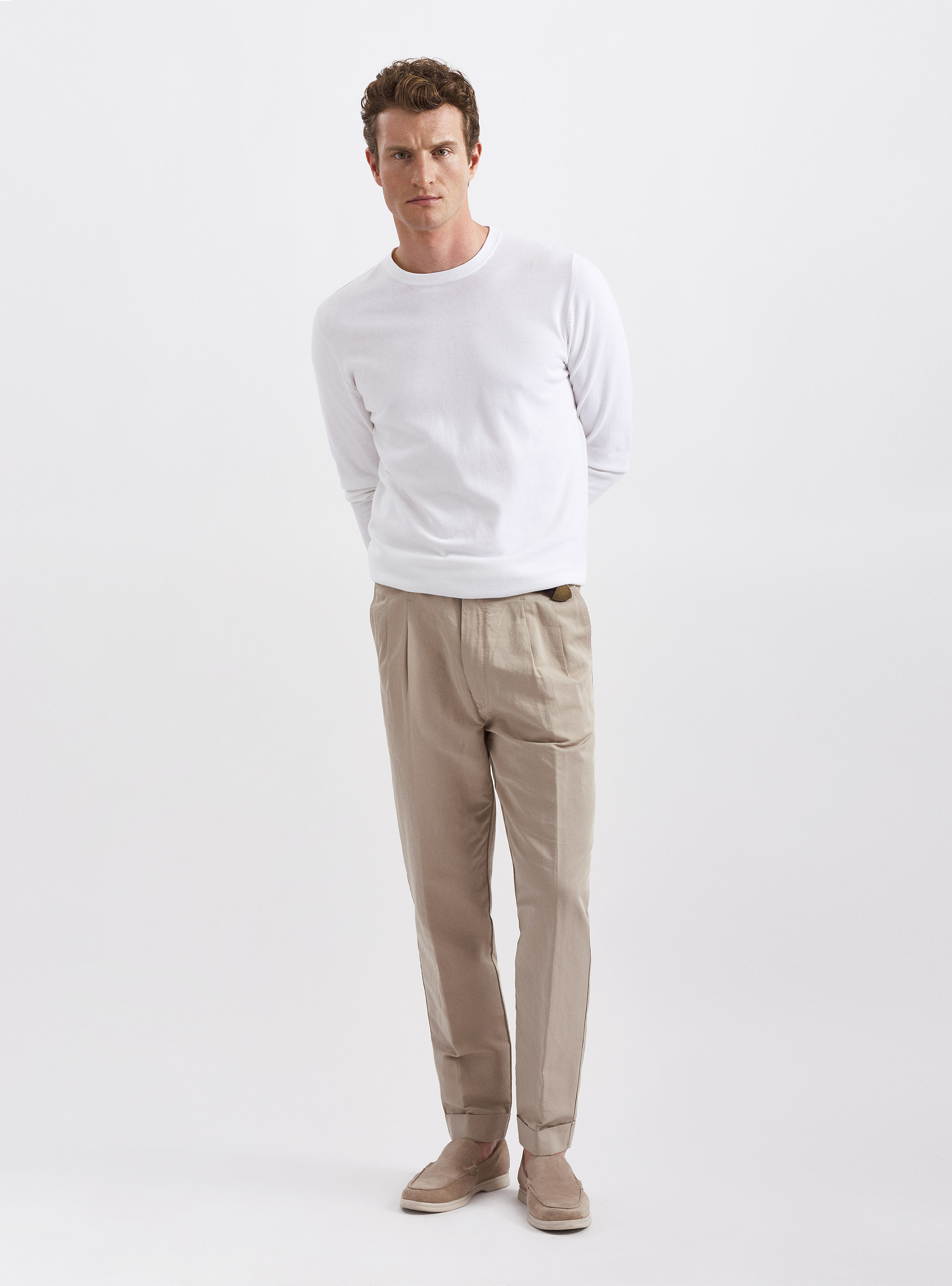 Pantaloni doppia pince in lino e cotone, SABBIA