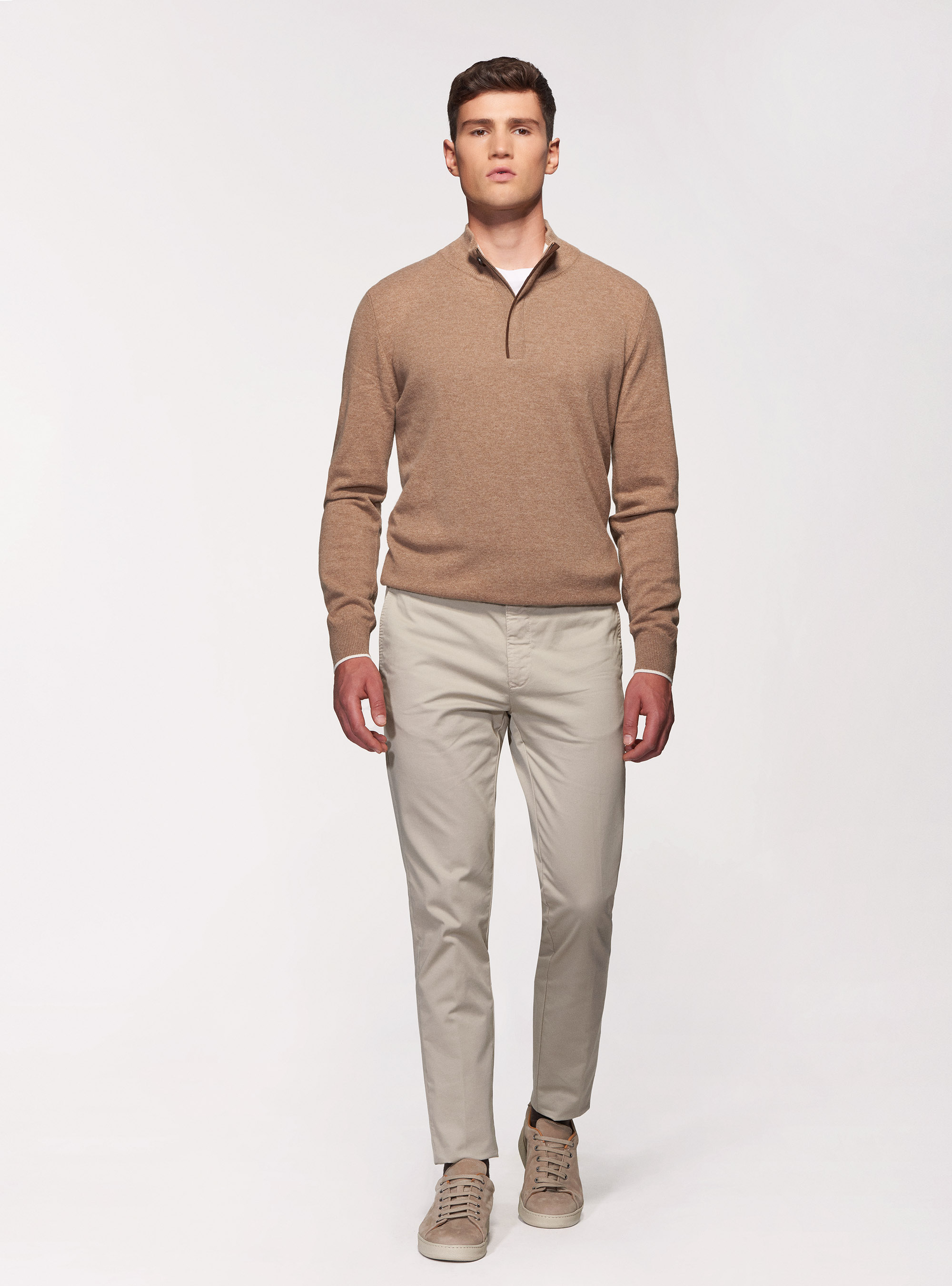 Maglia collo alto in lana lambswool e cashmere con mezza zip, ECRU